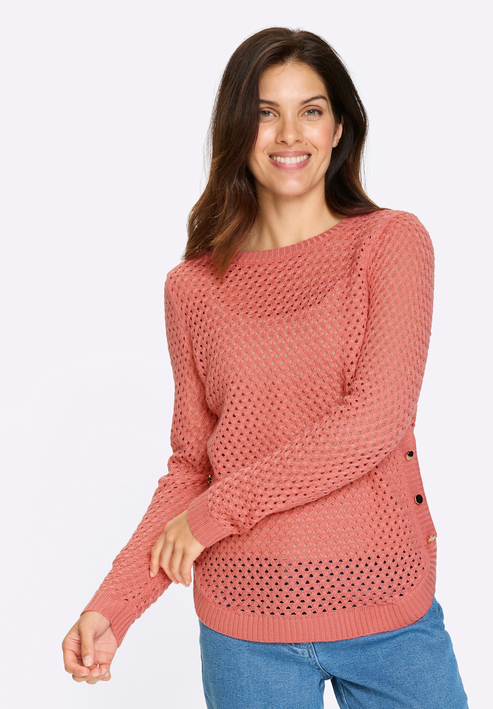 Sieh an! Strickpullover »Ajour-Pullover Ajourpullover mit Zierknöpfen am Saum«