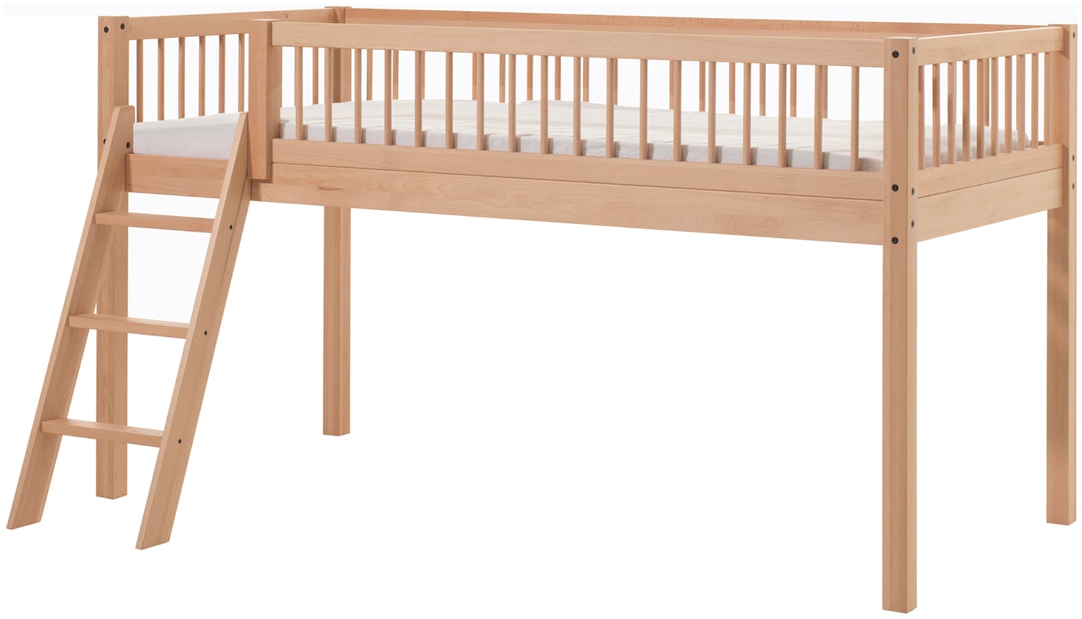Vipack Spielbett »Forrest mit hochwertiger und stabiler Verarbeitung, Made in Europe« halbhohes Bett inkl. Lattenrost, 90/200 cm, Rausfallschutz und Leiter,  Ausf. Buche massiv natur, inkl. Textilvorhang 3-tlg.