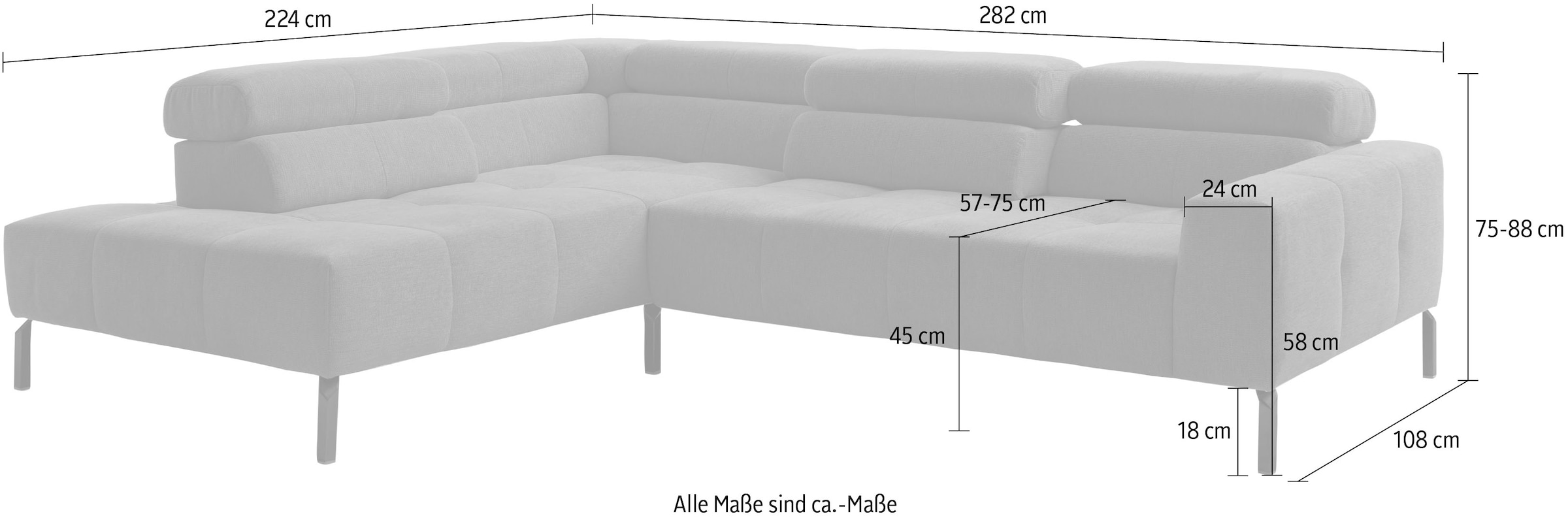 Home affaire Ecksofa »Claya Move, L-Form, Kopf- & Rückenverstellung, Breite 282 cm« Moderne Steppung, weicher Polsteraufbau & saugroboterfreundliche Höhe