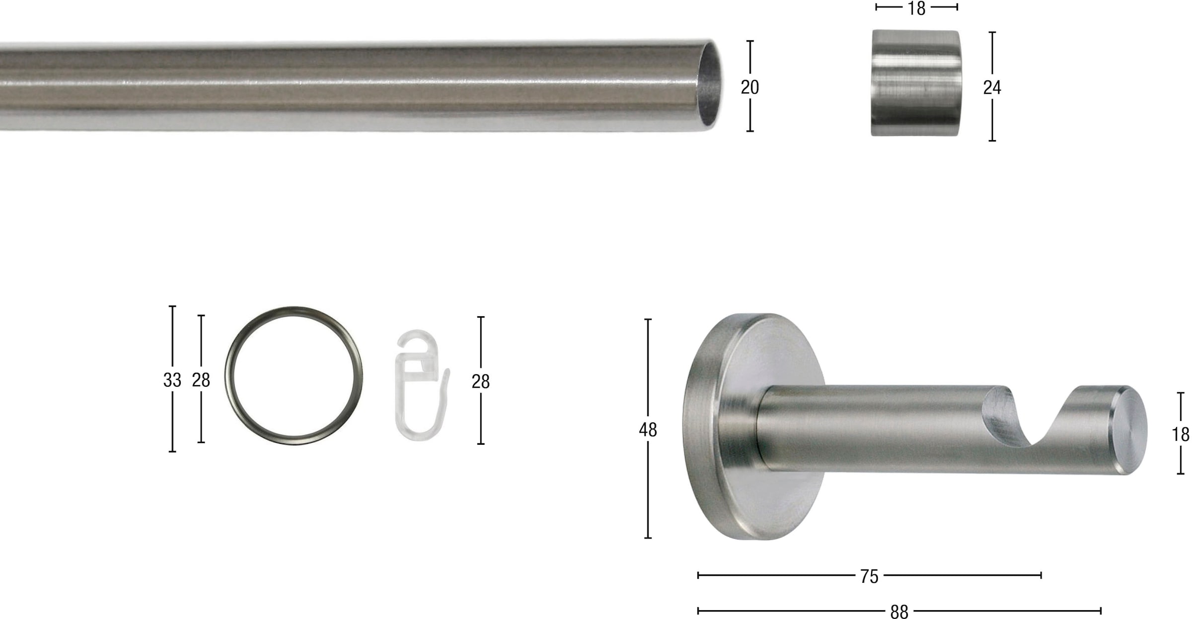 GARESA Gardinenstange »CHAPEAU«, 1 läufig-läufig, Wunschmaßlänge, Vorhanggarnitur, mit Ringe und Haken, verlängerbar, edelstahl optik