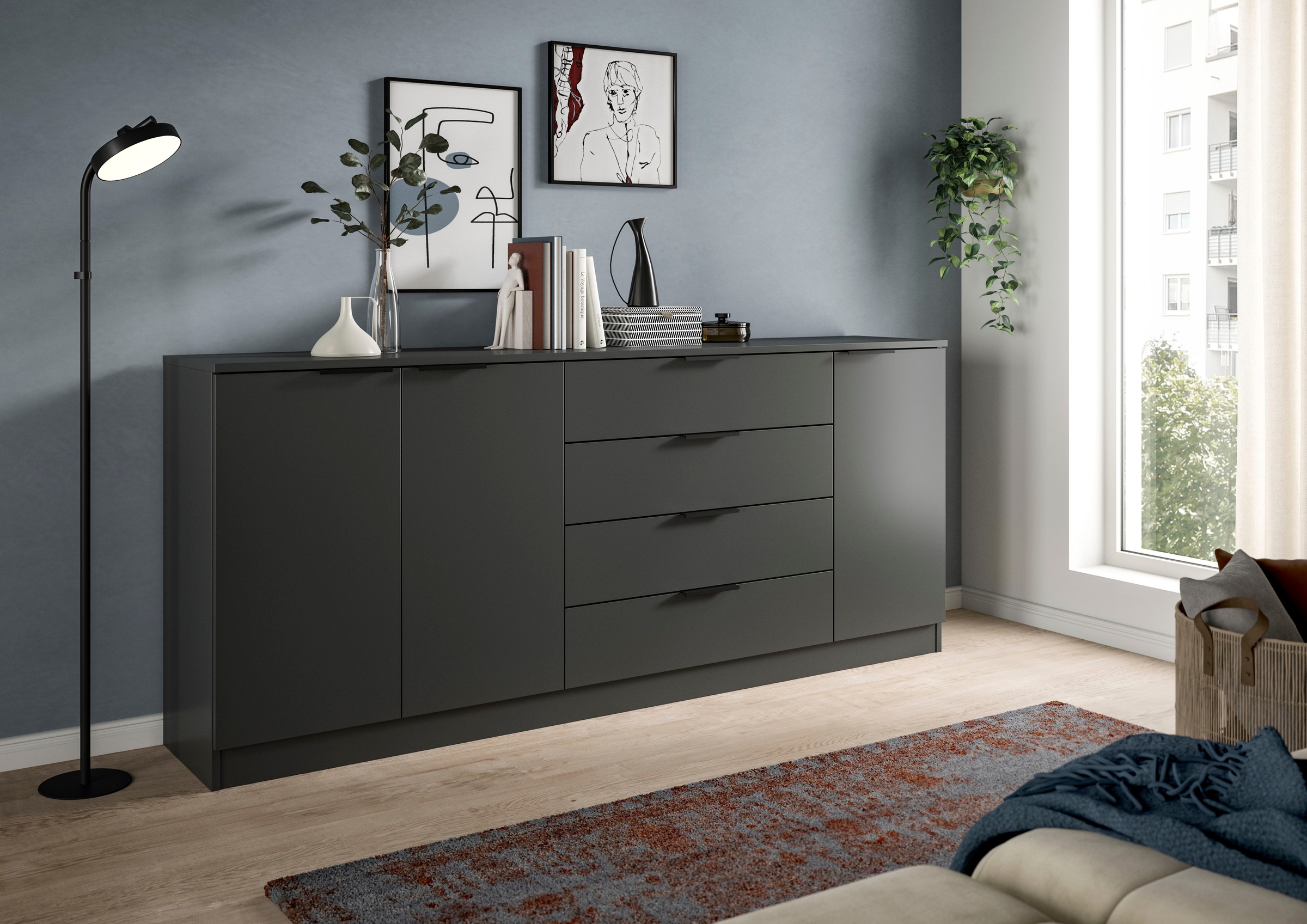 Home affaire Sideboard »SKARDE, Breite 185 cm, 4 Schubkästen, 3 Türen, viel Stauraum« in verschiedenen Farben und Breiten erhältlich, individuell einsetzbar,  Kommode, Anrichte, Schubkastenkommode, Schuhschrank, Schrank