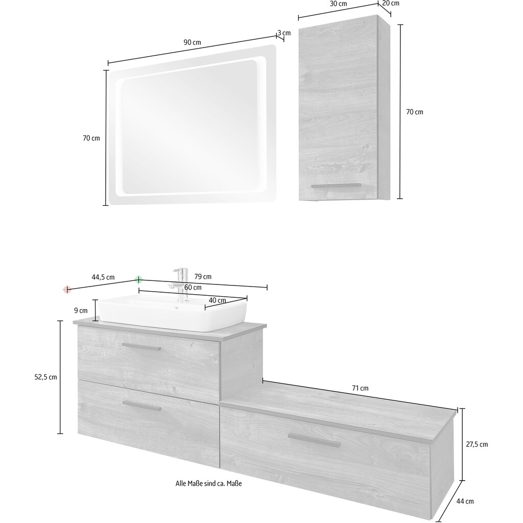 Saphir Badmöbel-Set »Quickset 374 4-teilig, Keramik-Aufsatzbecken und LED-Spiegel«, (Set, 4 St.)