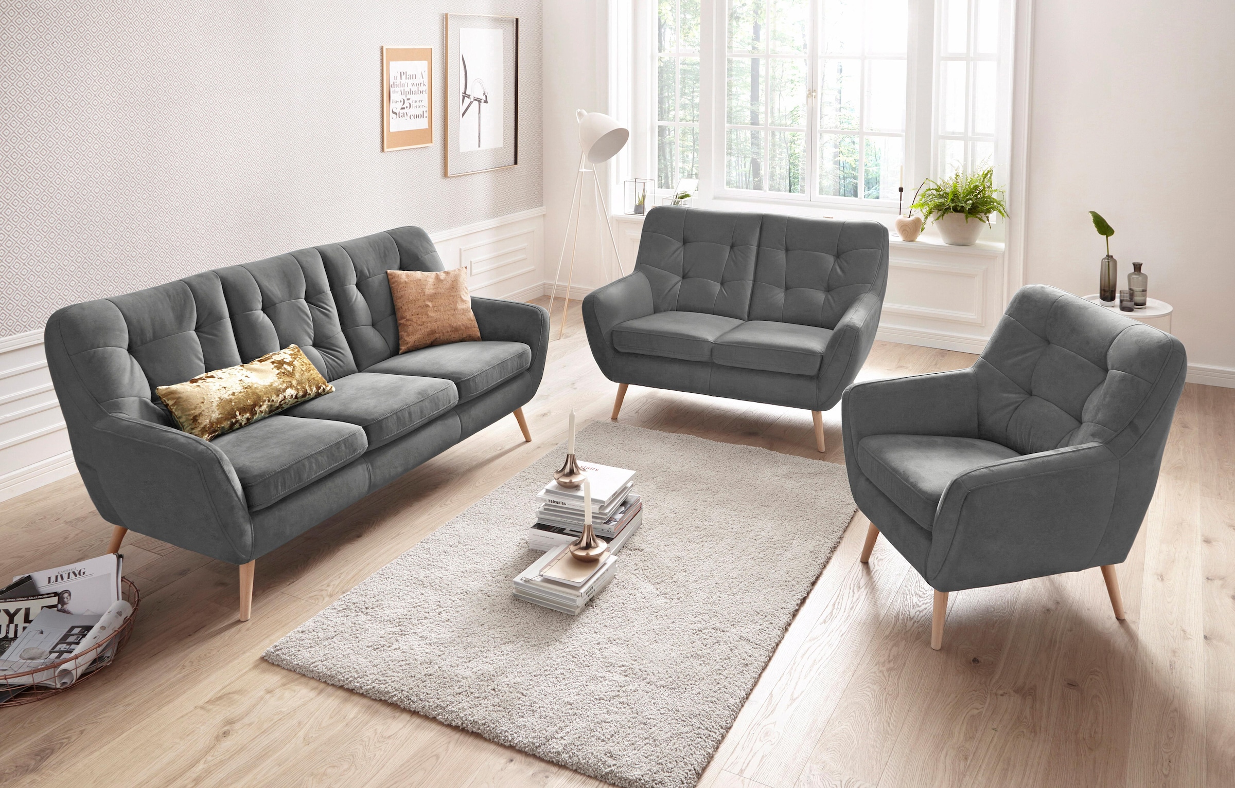 exxpo - sofa fashion 2-Sitzer »Scandi, bequem, aufwendige Rückenpolsterung für mehr Sitzkomfort« akuelle Farben in hochwertige Bezugsqualitäten, Holzfuß