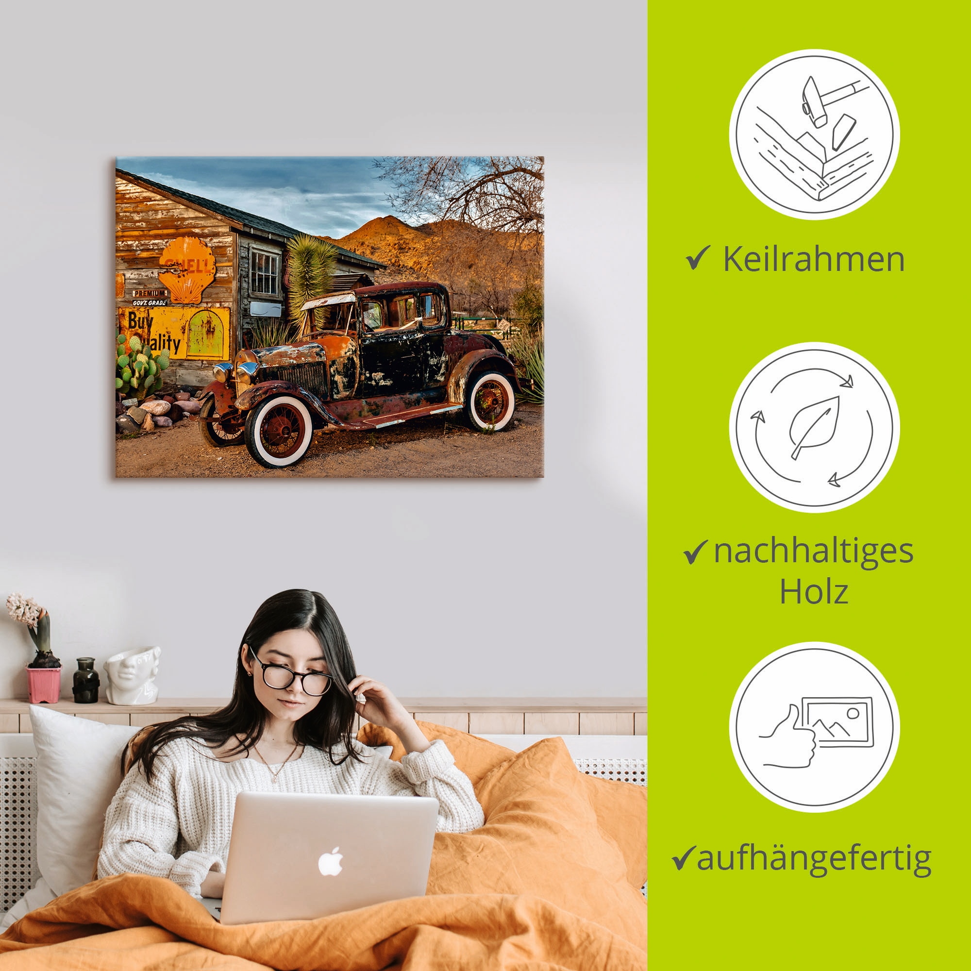 Artland Leinwandbild »Oldtimer Route 66 Hackberry« Auto 1 Stk. tlg. auf Holzrahmen gespannt