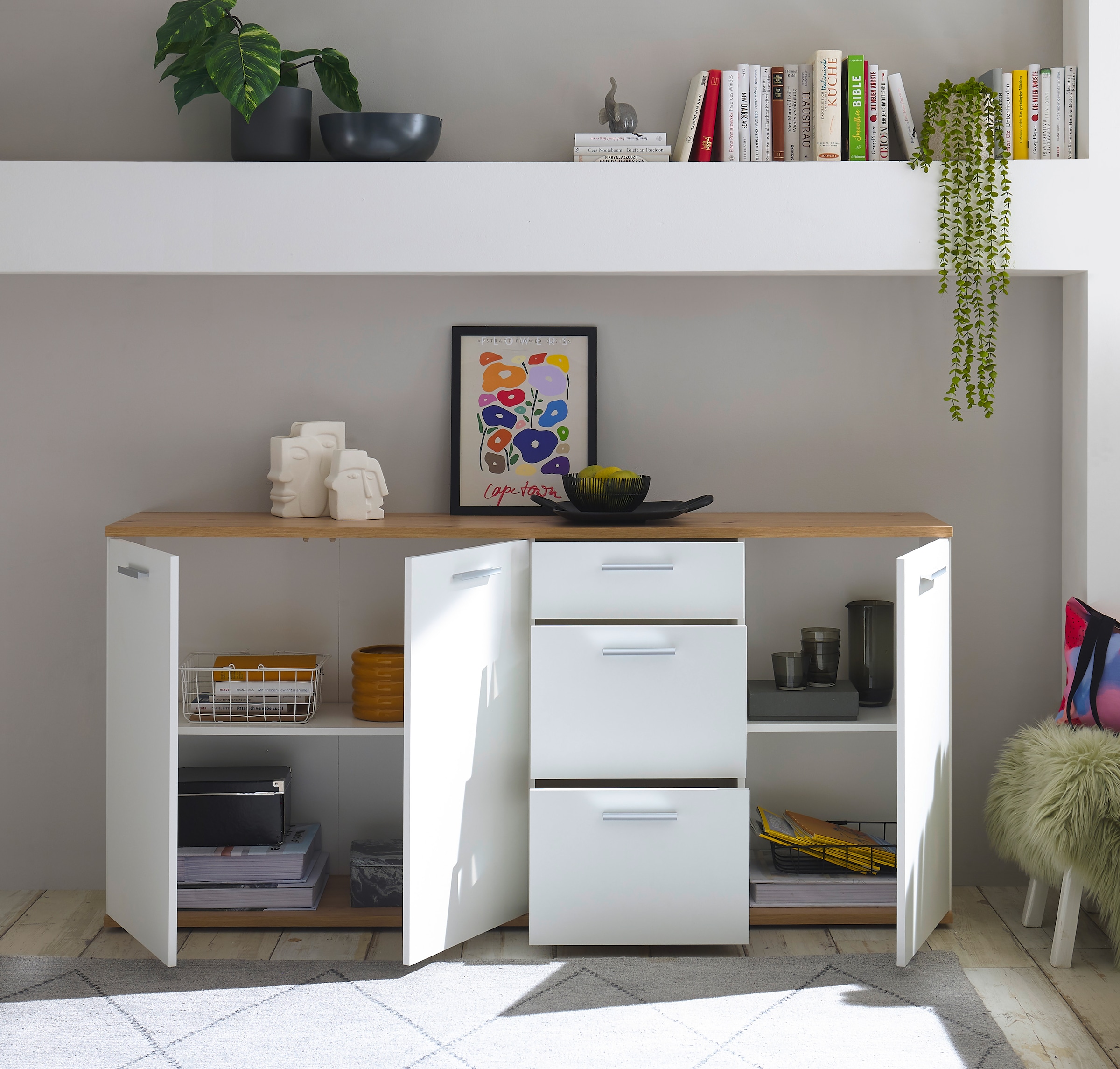 HBZ Kommode »BC1035 weiß matt, BxHxT 180x86x38 cm« Sideboard mit 3 Türen, 3 Schubkästen, 2 Einlegeböden