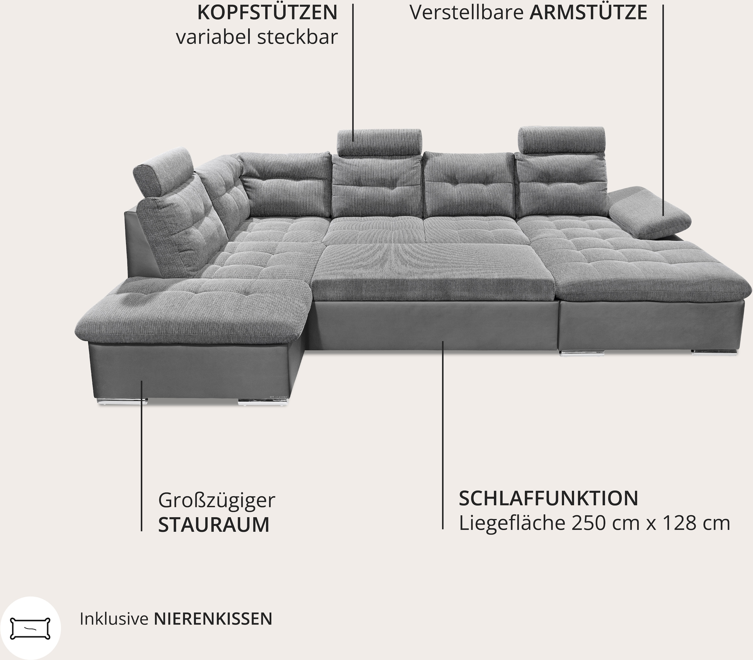 ED EXCITING DESIGN Wohnlandschaft »Jakarta U-Form mit Bettfunktion, Bettkasten« Armteilverstellung, Kopfstützen & 3 Nierenkissen