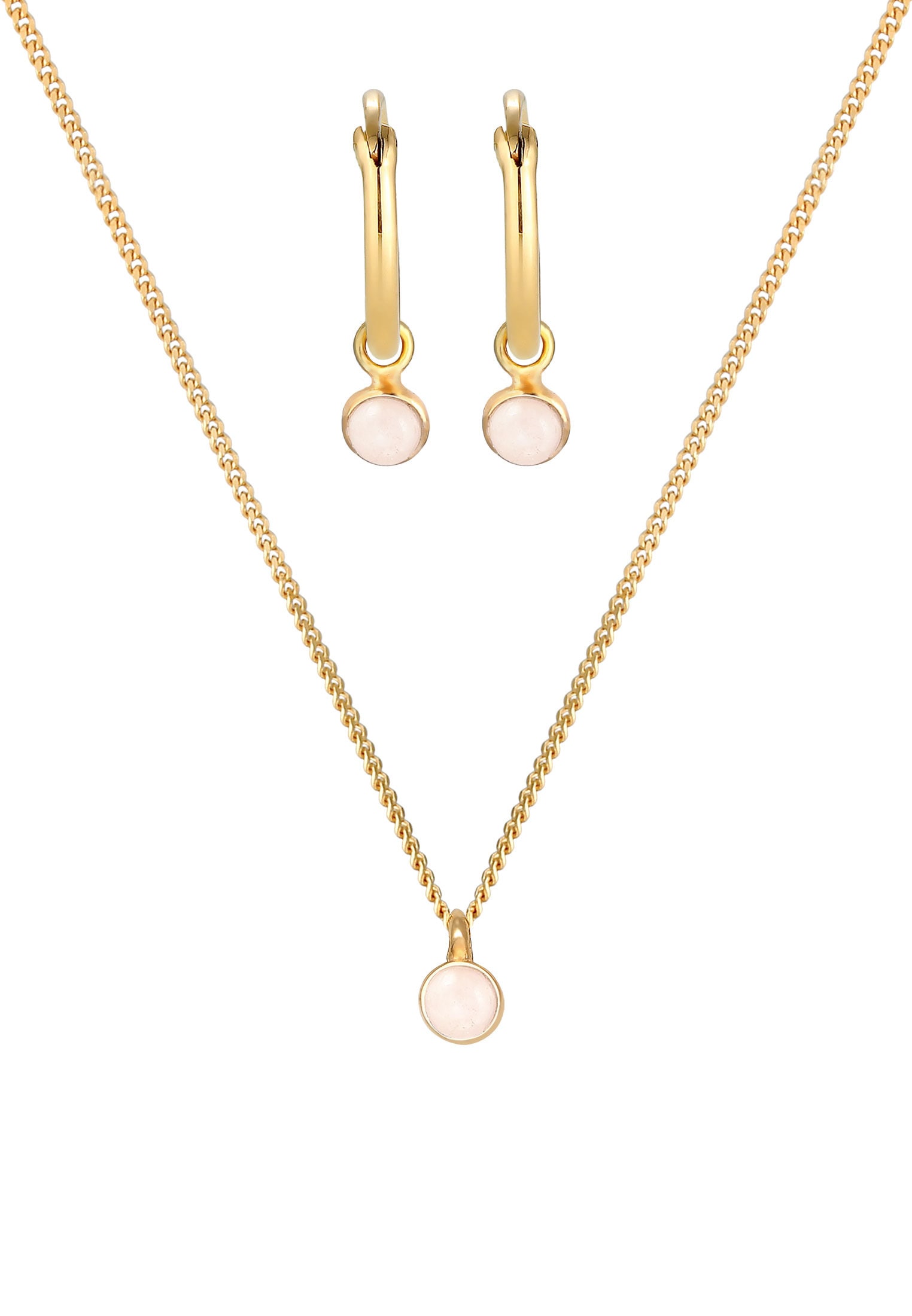 Elli Premium Ohrring und Ketten Set »Schmuckset Kette Creolen Rosa Quarz Stein 925 Silber« ()