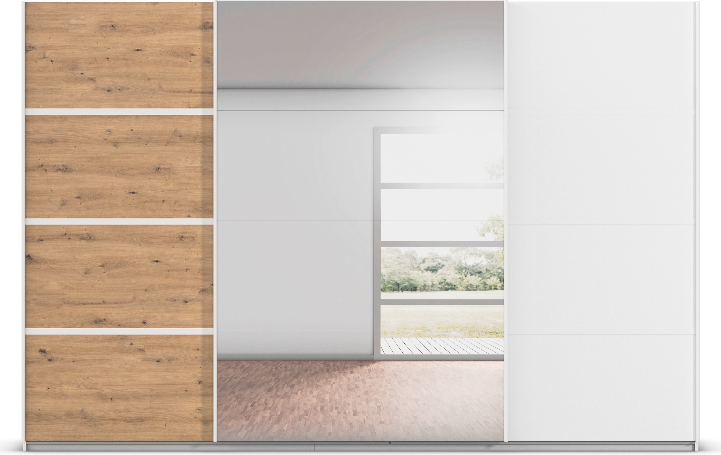 rauch Kleiderschrank »Schwebetürenschrank Garderobe Schrank TOP ANGEBOT Avola«, (in 3 verschiedenen Ausstattungen BASIC/CLASSIC/PREMIUM inkl. Spiegel), mit eleganten Zierleisten in Chrom, Schwarz oder Weiß MADE IN GERMANY