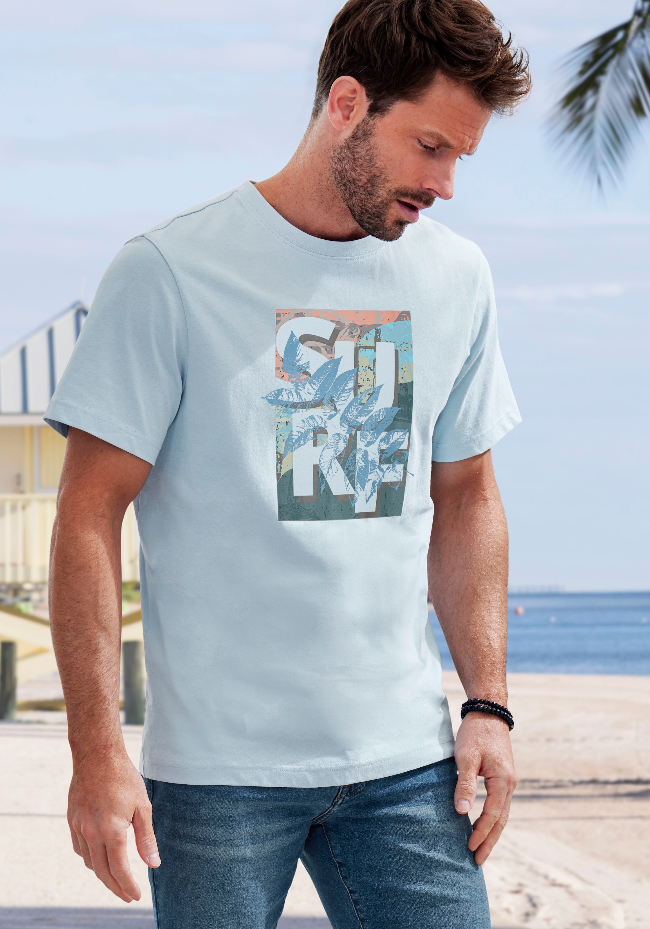 T-Shirt, Rundhalsshirt mit Surf -Aufdruck aus reiner Baumwolle