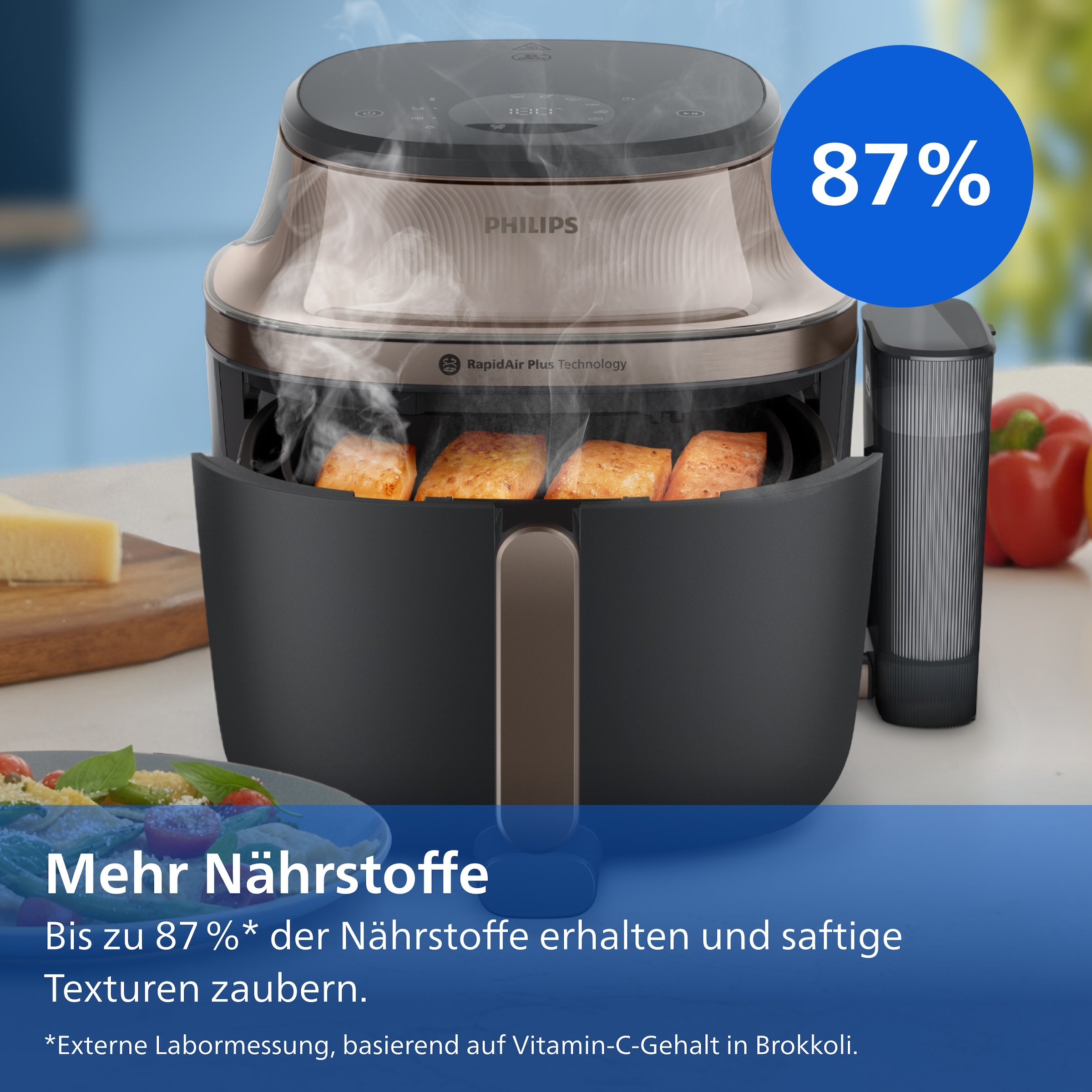 Philips Heißluftfritteuse »NA547/07 Steam Airfryer 5000 Series mit EasySlide, 7,2L Kapazität« 2000 W mit Dampfgarfunktion u. RapidAir Plus Technologie; Schwarz/Gold