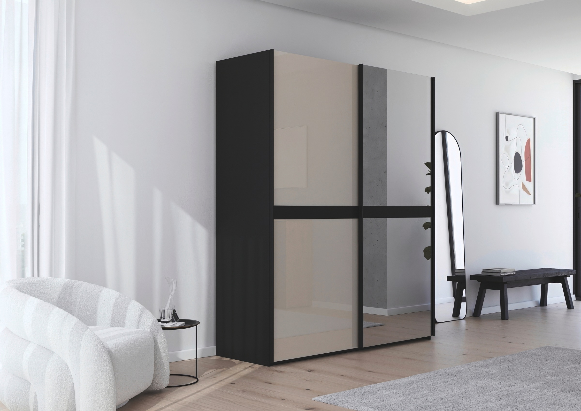 rauch Schwebetürenschrank »Kleiderschrank Schrank Garderobe Schlafzimmerschrank SCALE-LINE«, edle Optik mit Bauchbinde mit Glas/Spiegel-Front MADE IN GERMANY