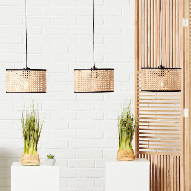 Brilliant Pendelleuchte »Wiley«, 3 flammig-flammig, H 120 cm, B 110 cm, 3 x  E27, kürzbar, Metall/Rattan, holz hell/schwarz online kaufen | mit 3 Jahren  XXL Garantie