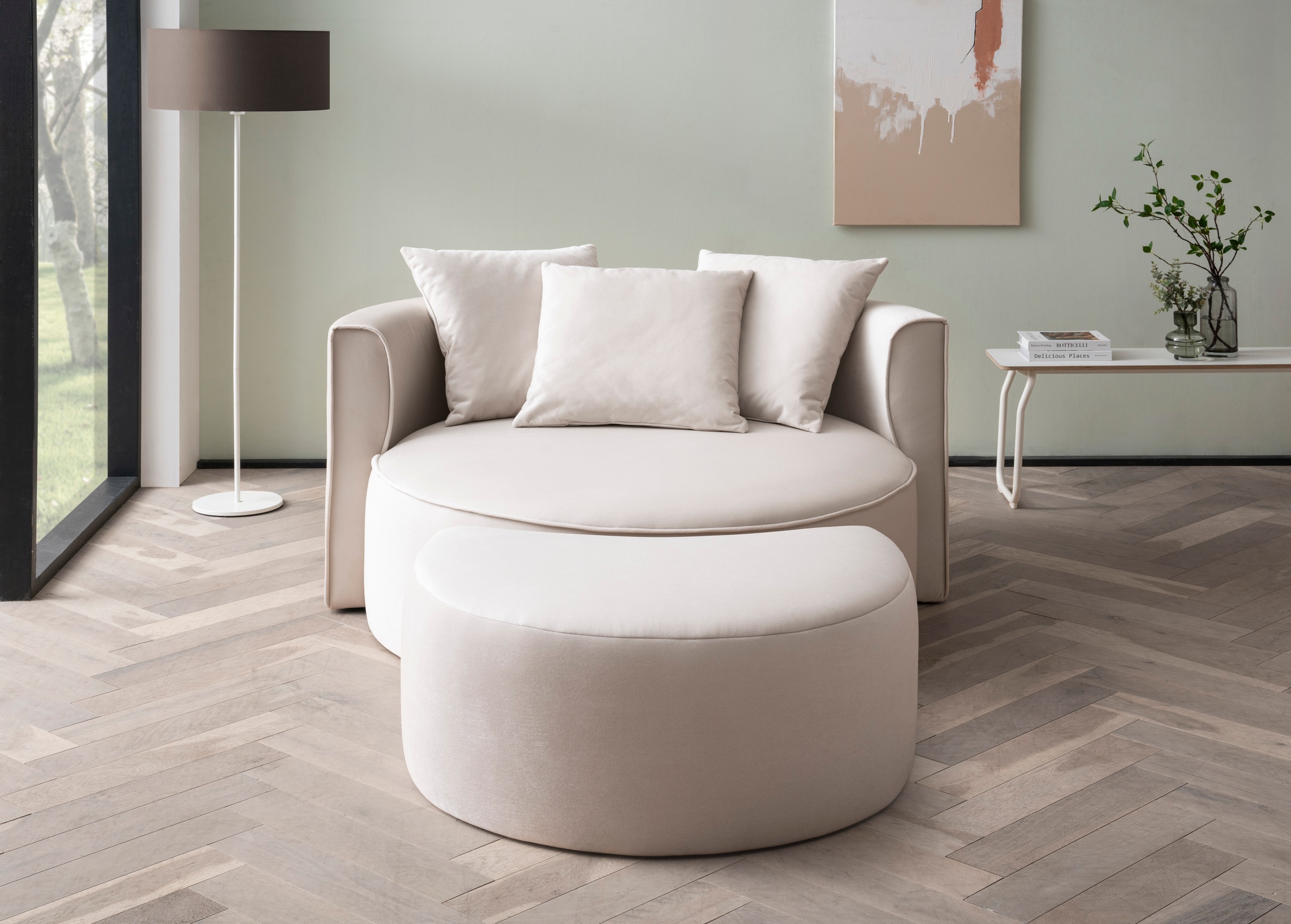 LeGer Home by Lena Gercke XXL-Sessel »ISALIE, Rundsessel mit Hocker, Lesesessel, Loveseat, Big-Sessel«, (Set), trendige Stoffe, 3 Zierkissen, große Sitzfläche, Cord, Samt, Bouclé