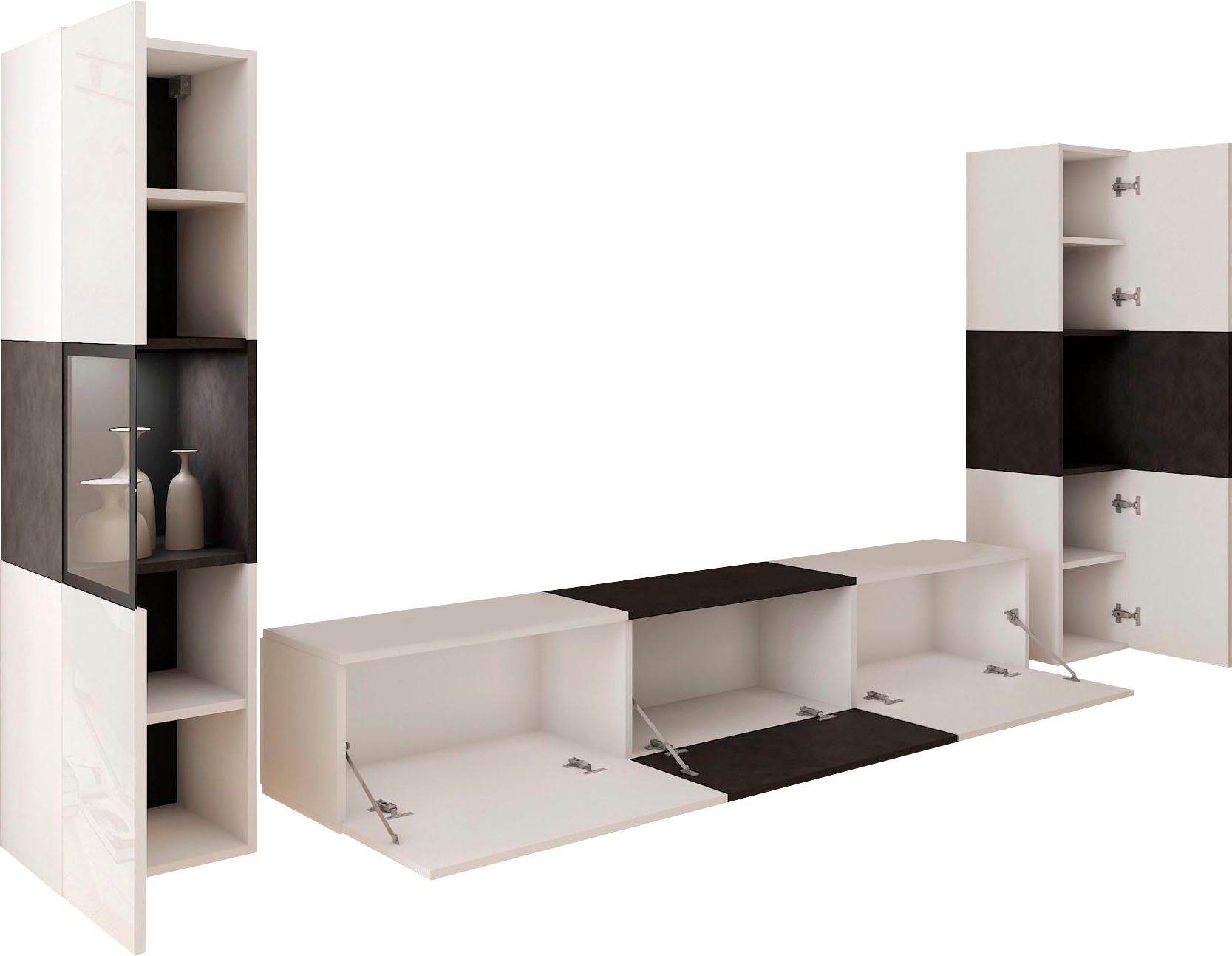 INOSIGN Wohnwand »BERLIN III, Vitrine Türschlag links/rechts wechselbar«, (Komplett-Set, 3 St.), moderne grifflose Mediawand Breite 260 cm, Vitrine mit Verglasung