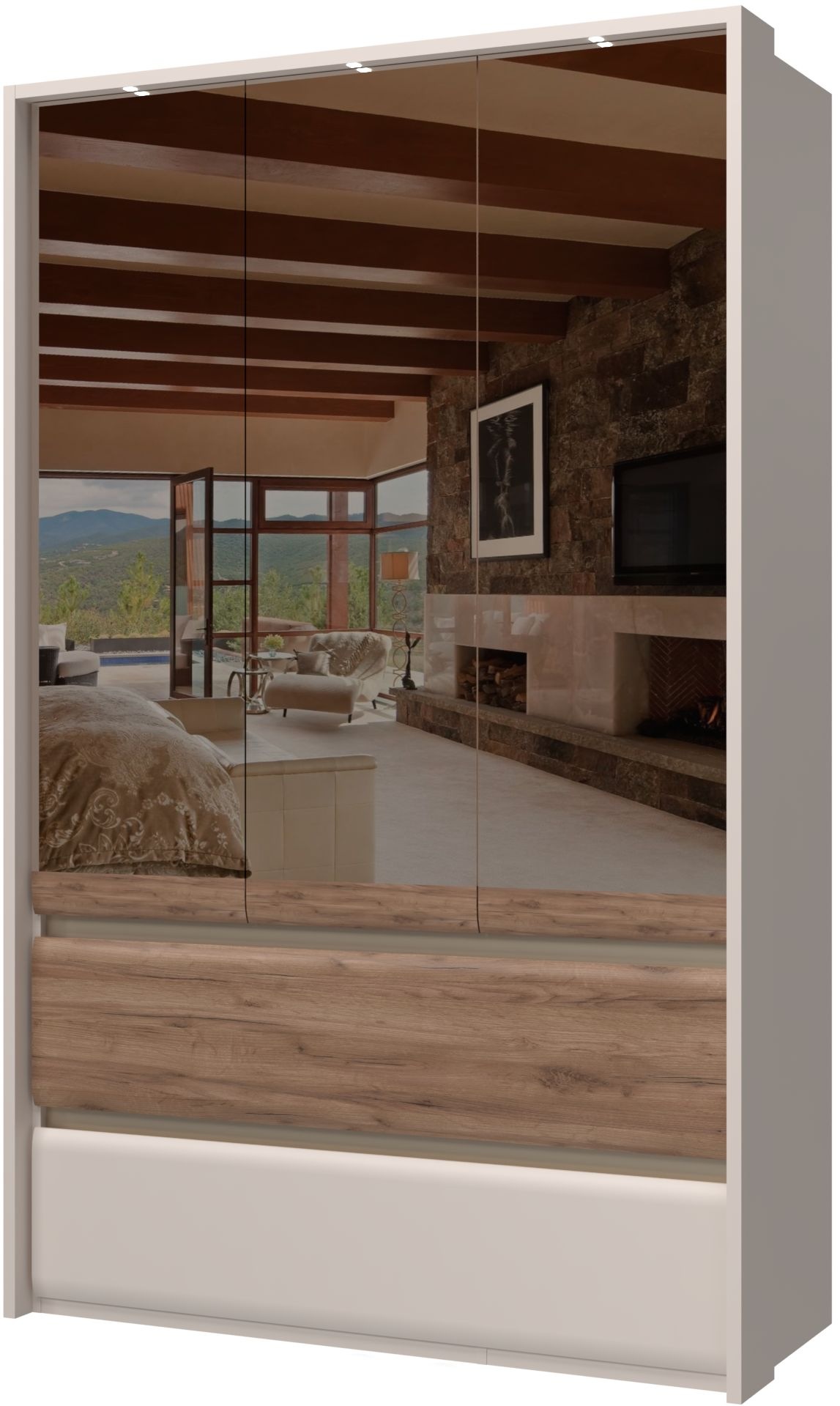 Places of Style Kleiderschrank »Invictus, UV lackiert, FSC-zertifiziert, grifflose Optik«, (abgerundete Schubladen aus MDF im Holzdekor, soft-close), mit Beleuchtung, Türen komplett verspiegelt, hoher Schrank (226cm)