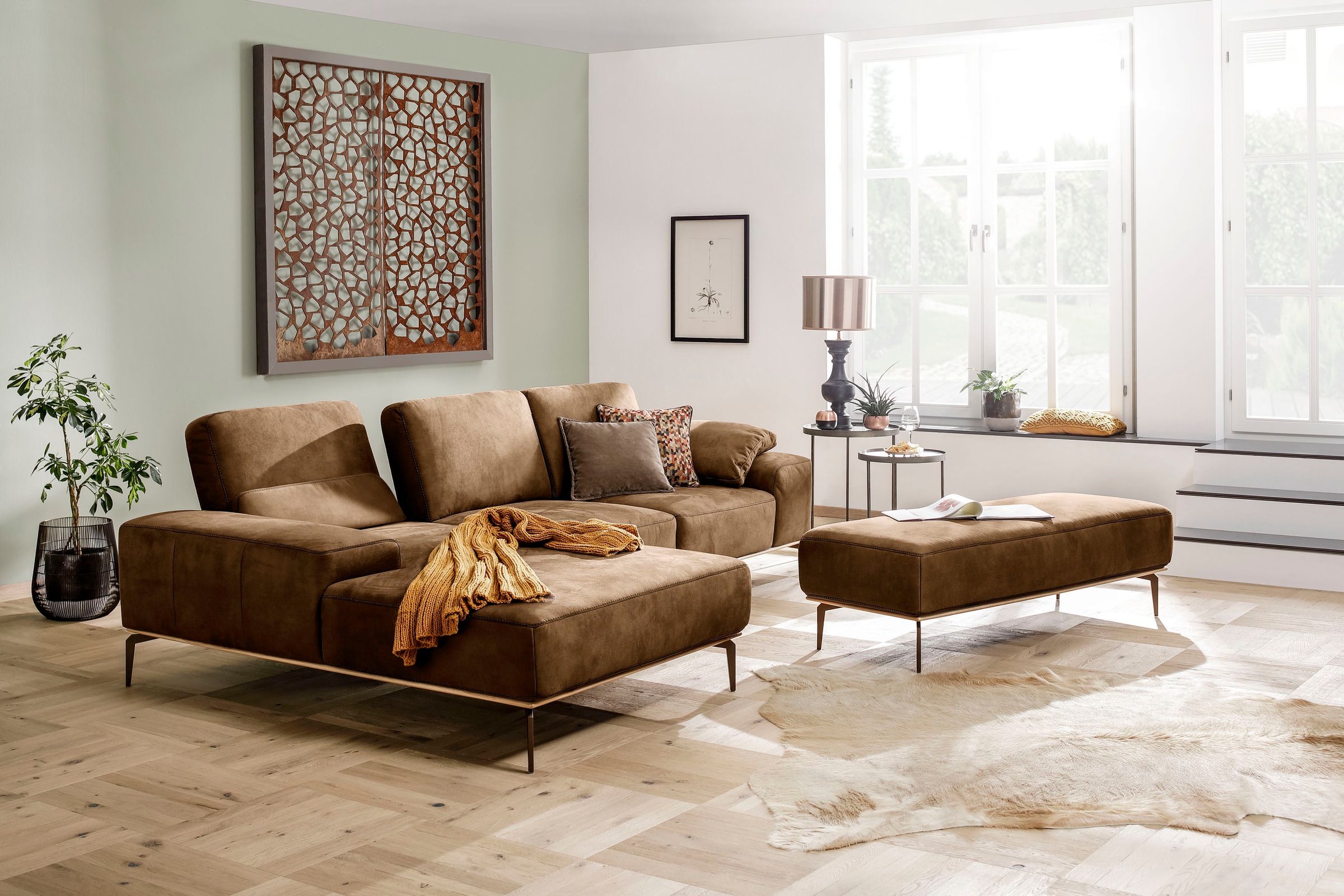 W.SCHILLIG Ecksofa »run, Designsofa mit tollem Sitzkomfort, L-Form«, mit Holzsockel, Füße in Bronze pulverbeschichtet, Breite 299 cm