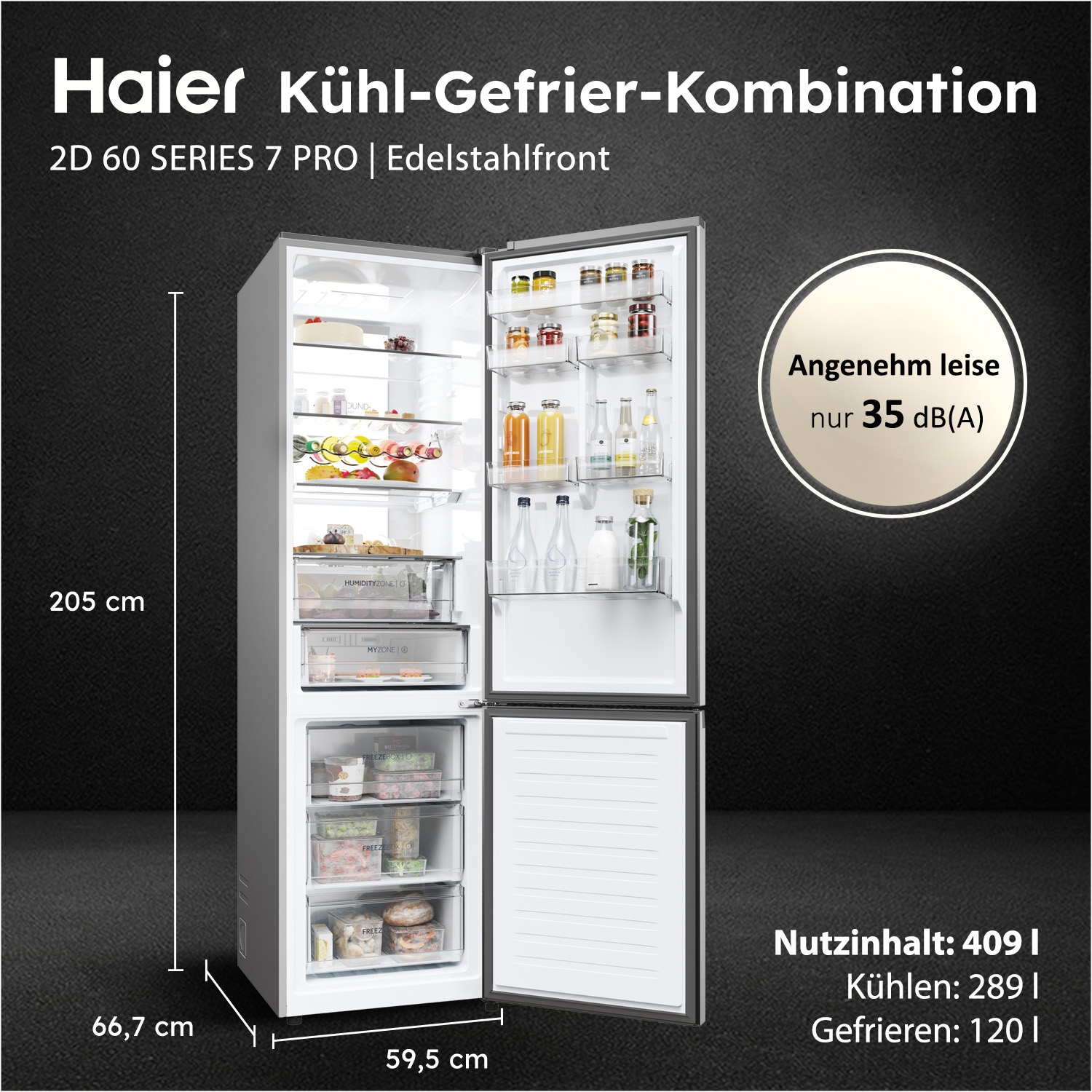 Haier Kühl-/Gefrierkombination Combi 2D 60 »HDPW7620ANPK« 205 cm hoch 59,5 cm breit Daylight: LED-Lichtsäule für optimale Sicht