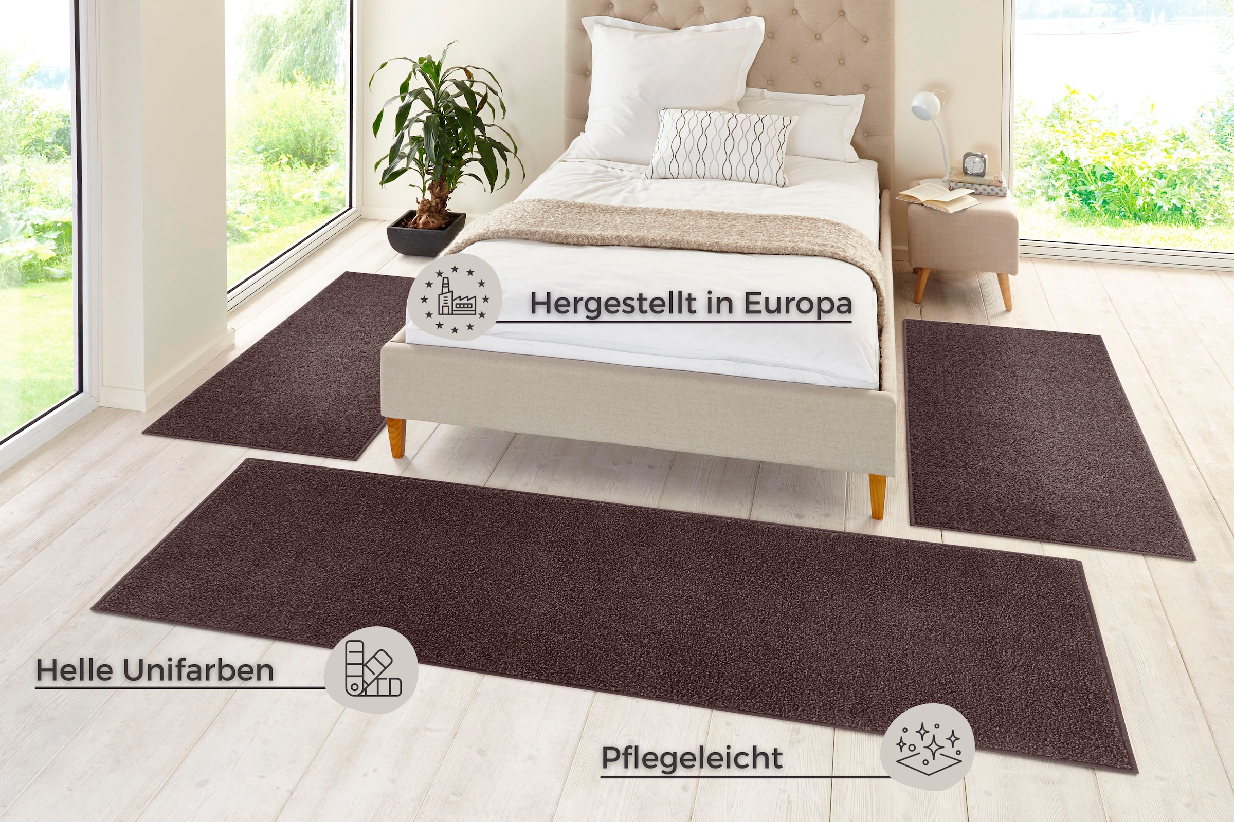 HANSE Home Bettumrandung »Pure 100«, (3 tlg.), Kurzflor, Unifarben, Teppich, Bettläufer, Bettvorleger, Teppichläufer