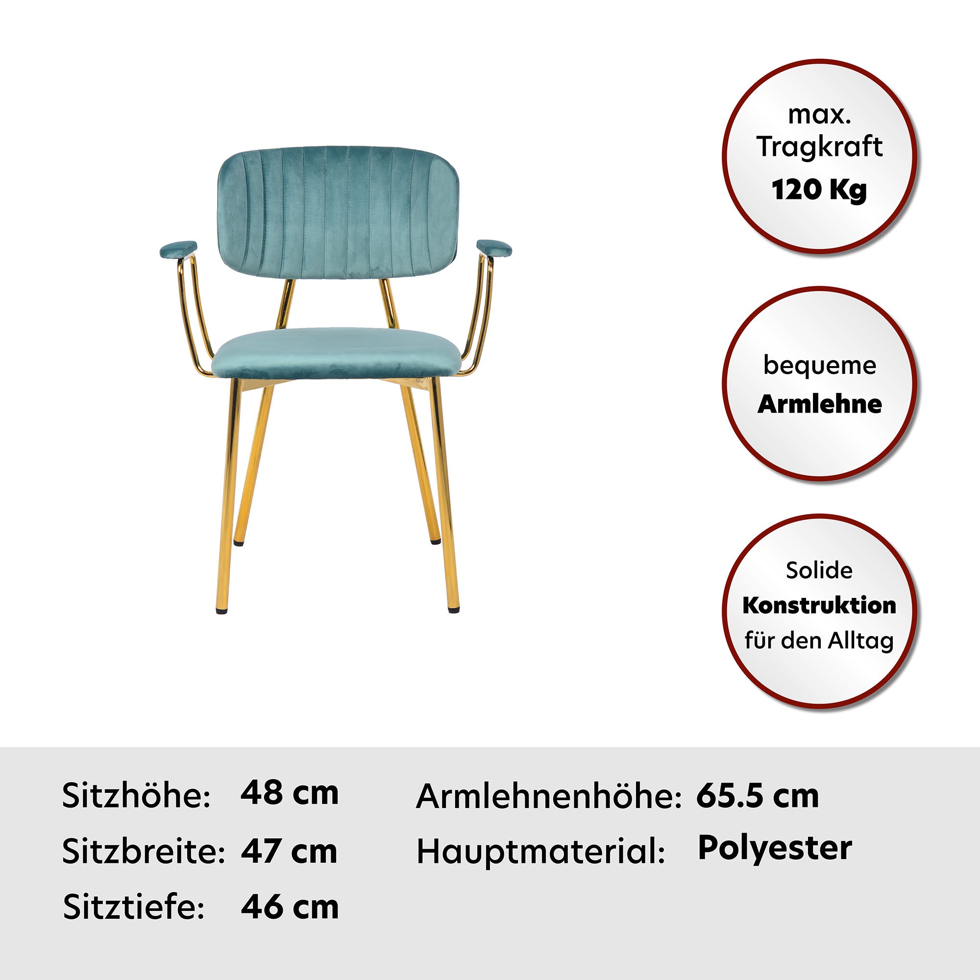 Kayoom Polsterstuhl »Stuhl Giselle 225 2er-Set, Gestell aus Edelstahl«, (Set), 2 St., mit Armlehnen, goldenes Gestell aus Edelstahl, Samtbezug, Ziernähte