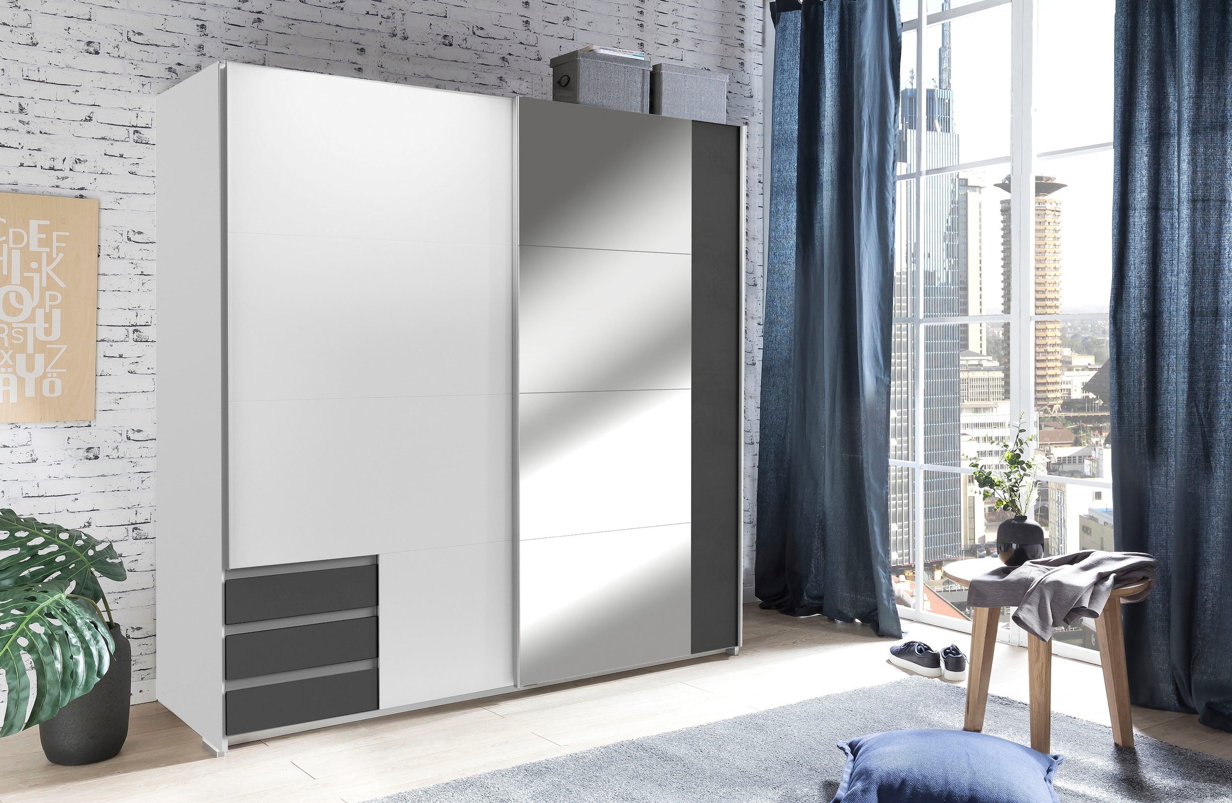 Wimex Schwebetürenschrank »Emden moderner Kleiderschrank mit Spiegel und Schubladen BESTSELLER«, Schlafzimmer Schrank Garderobenschrank mit Schwebetüren Topseller