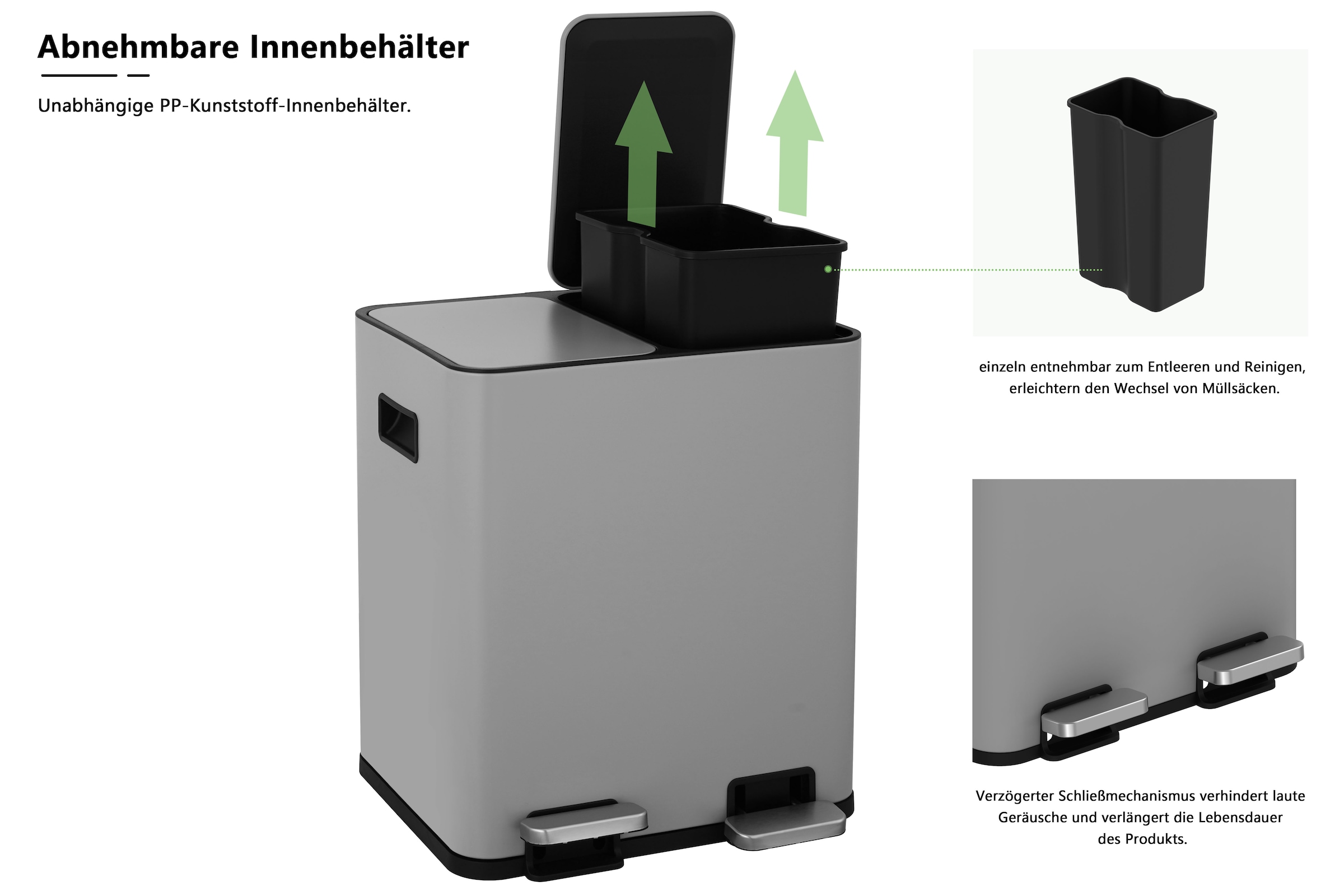 OTTO home Mülleimer »Garrin, Soft Close, m. 2 Fächern, Fassungsvermögen 2x15 L bzw. 2x30 L« 2 Behälter Mülltrennsystem mit 2 separaten Innenbehältern und Fußtrittpedalen