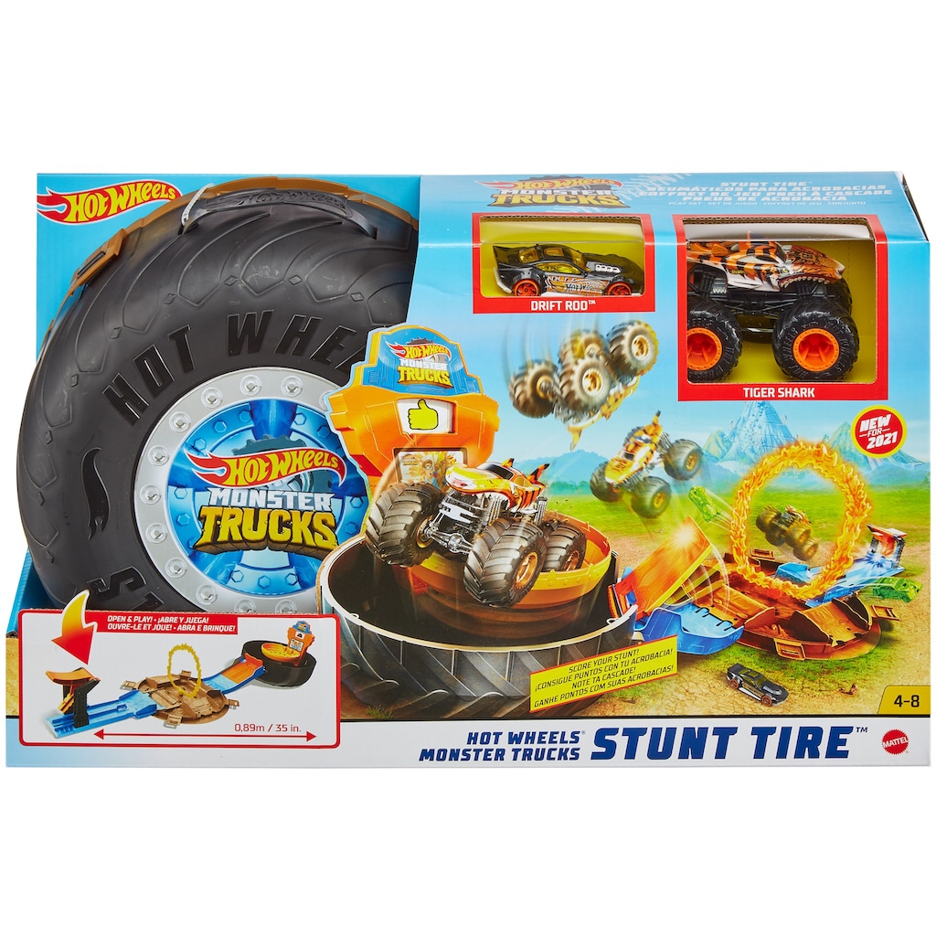 Hot Wheels Spiel-Gebäude »Monster Trucks Stunt-Reifen«, inklusive Tiger Shark Monster Truck und Hot Wheels Fahrzeug