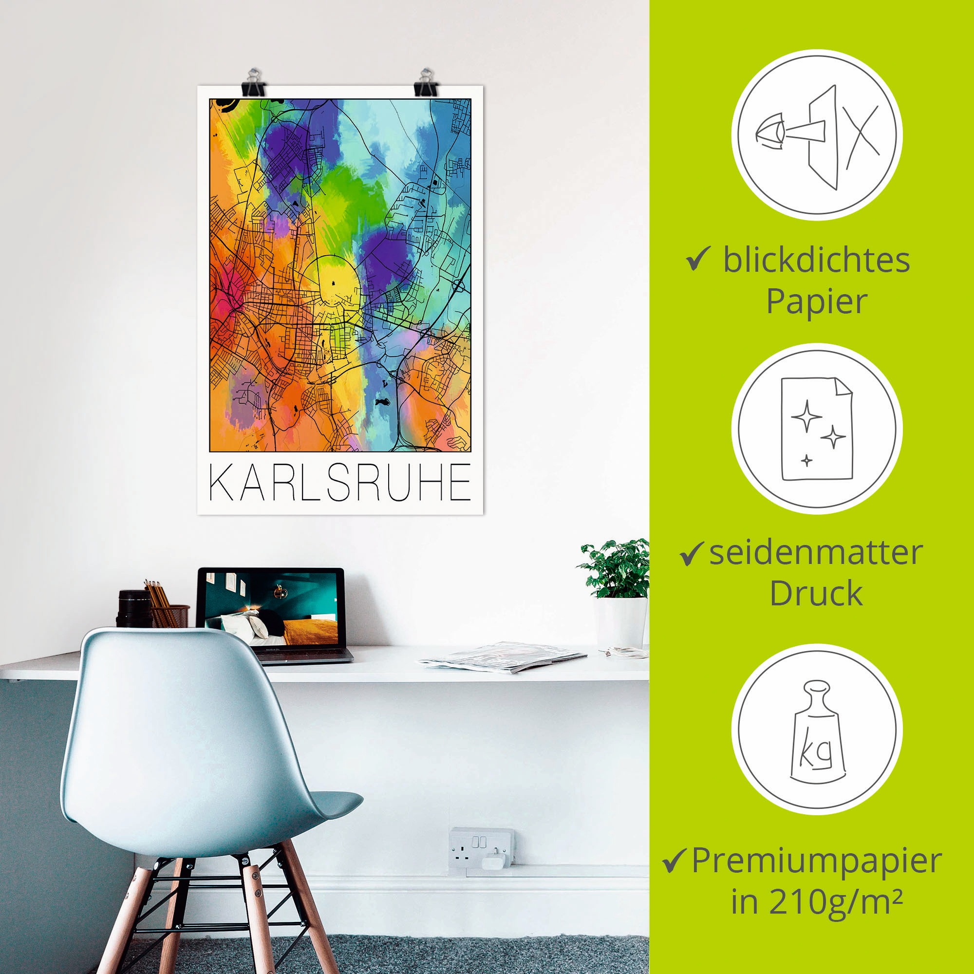 Artland Wandbild »Retro Karte Karlsruhe Aquarell«, Deutschland, (1 St.), als Alubild, Outdoorbild, Poster in verschied. Größen