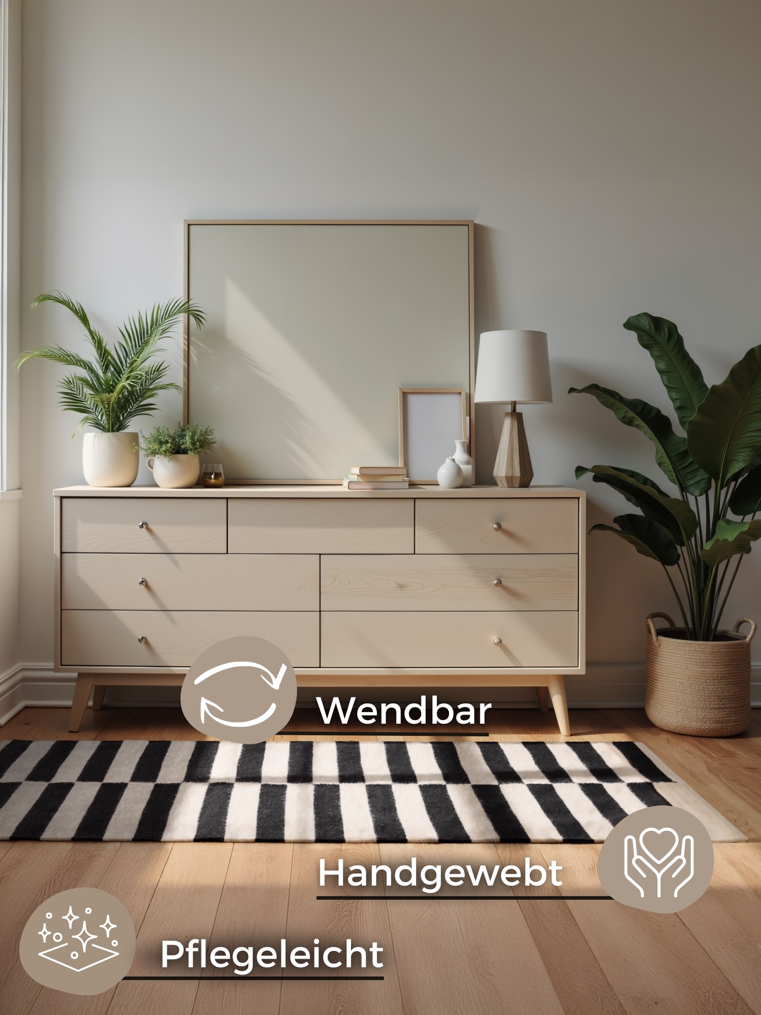 HANSE Home Wollteppich »Donna, schwarz-weiss«, rechteckig, 5 mm Höhe, Handgewebt, Wolle, Natur, Läufer, Wohnzimmer, Schlafzimmer, Streifen