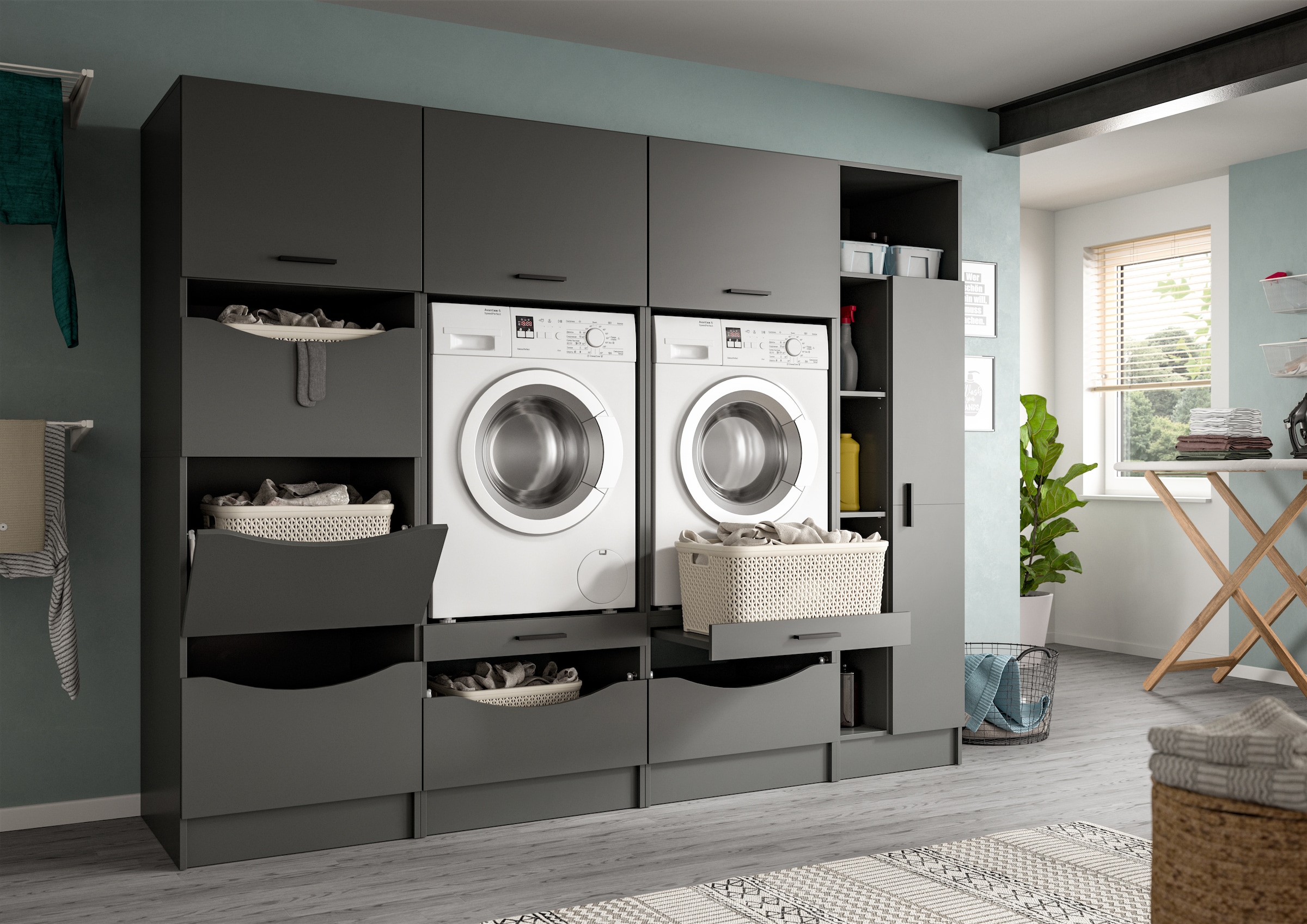 welltime Mehrzweckschrank-Set »FALAS,  4-teilig, Hauswirtschaftsraum Set, Breite 242 cm« 2x Waschmaschinenumbau-, 1x Wäsche- & 1x Mehrzweckschrank, 