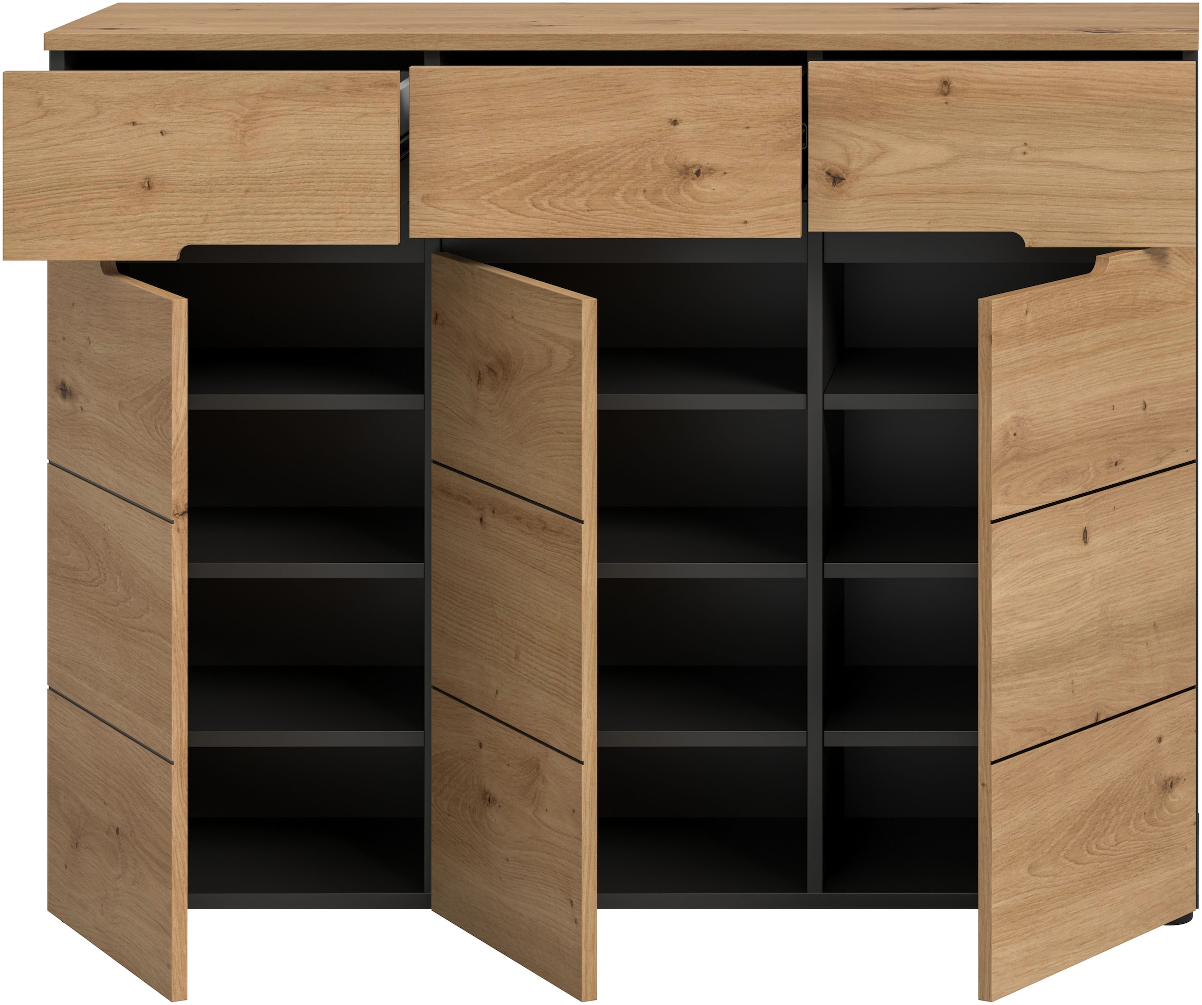 Home affaire Garderobenschrank »REHAT, Breite 120 cm, 3 Türen, 3 Schubkästen, 12 Fächer« in verschiedenen Farben erhältlich, Platz für ca. 24 Paar Schuhe, 1 Stk. tlg. Schuhschrank, Kommode, Schuhkommode, Anrichte, Sideboard