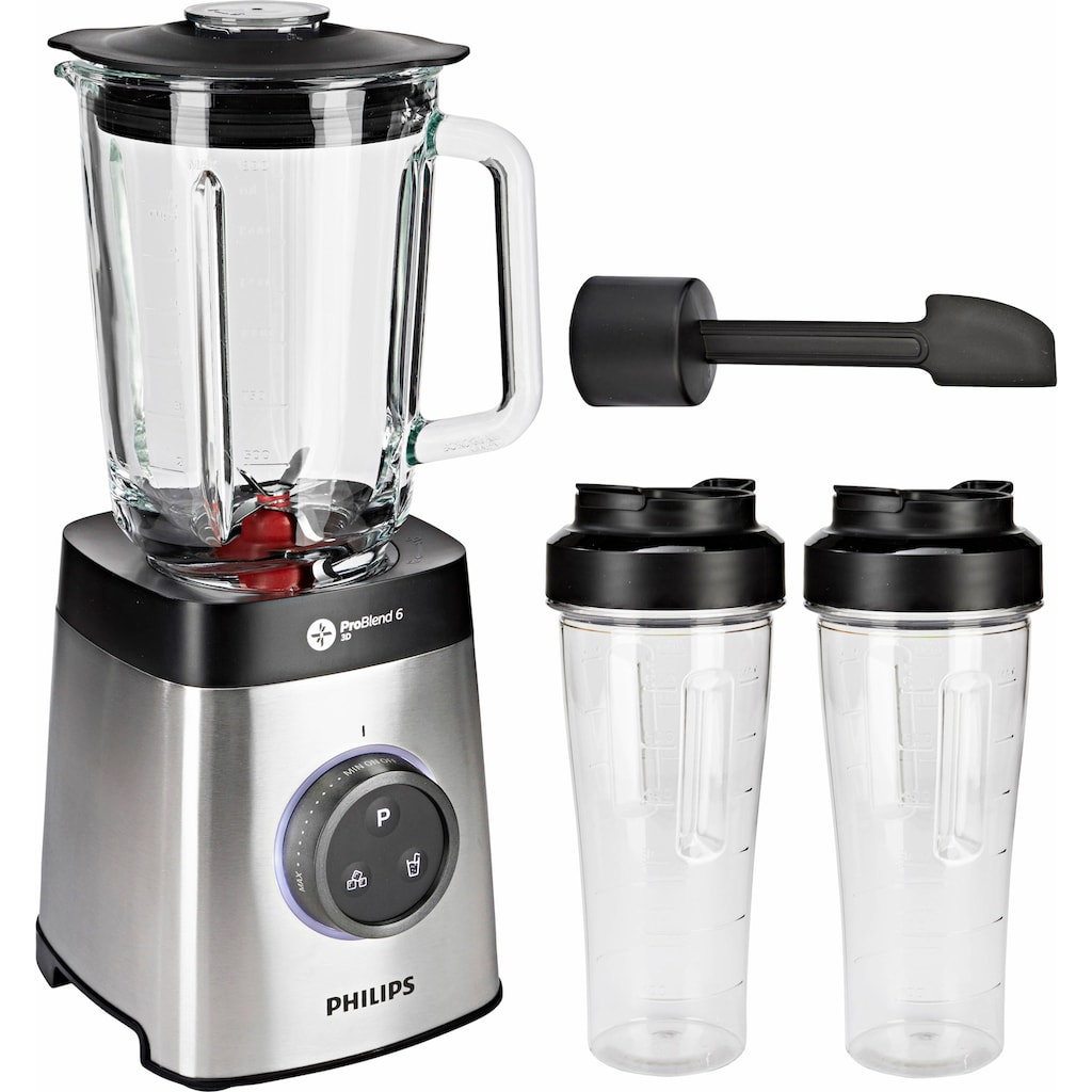 Philips Standmixer »HR3655/00 Avance Collection, mit ProBlend 6 3D-Technologie,«, 1400 W, 1,8L-Glasbehälter und 2 Trinkflaschen; Metallic