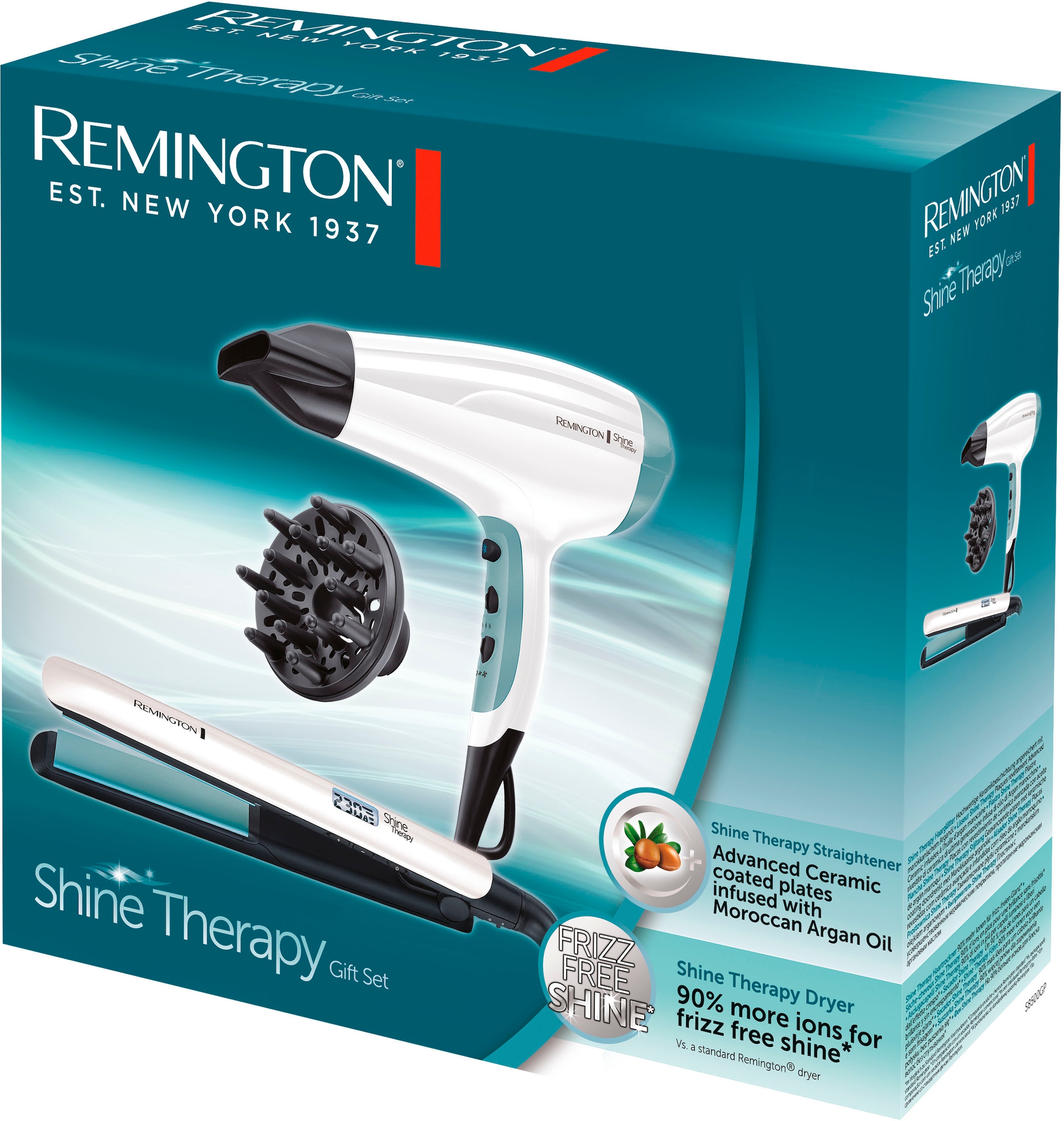 Remington Haartrockner »Shine Therapy S8500GP Geschenk-Set«, 2300 W, 2  Aufsätze, bestehend aus Haarglätter mit Keramikbeschichtung und Haartrockner  mit 3 Jahren XXL Garantie