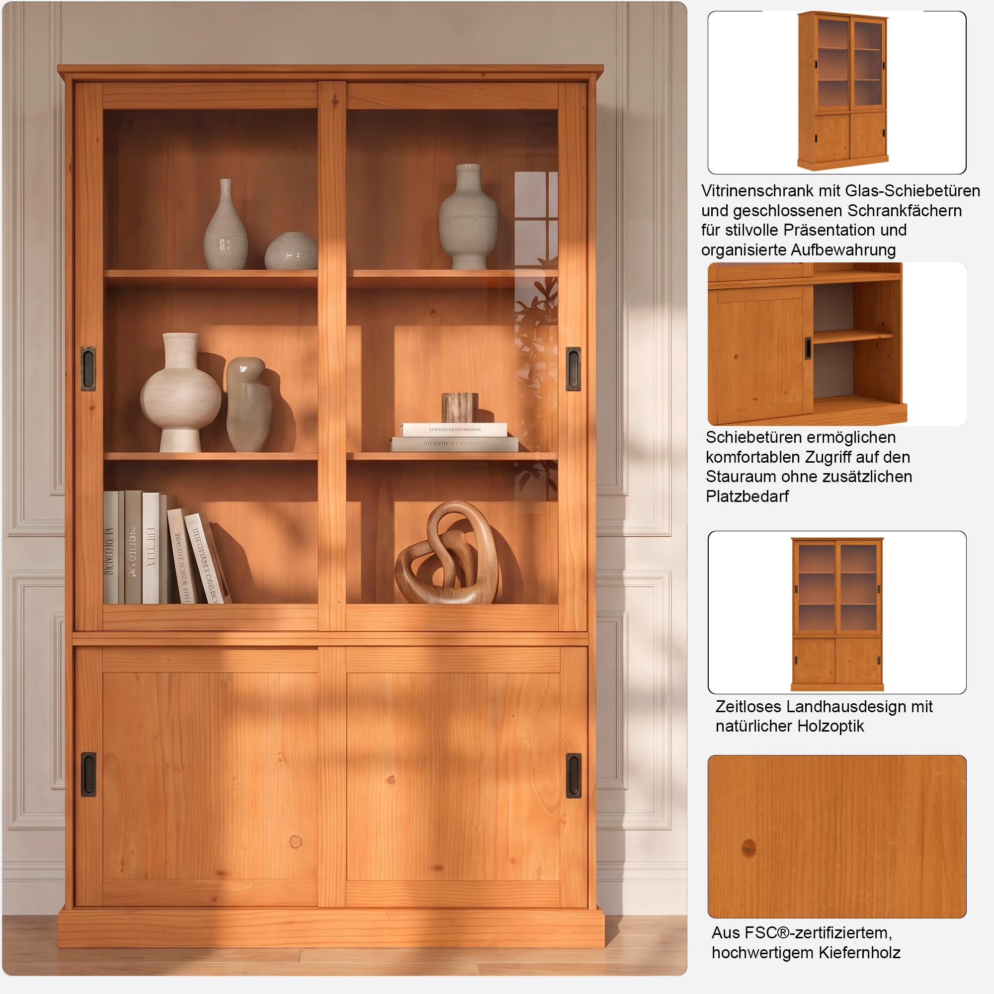 OTTO home Vitrine »Schröder« mit 2+2 Schiebetüren, aus massivem Kiefernholz, Breite 114 cm