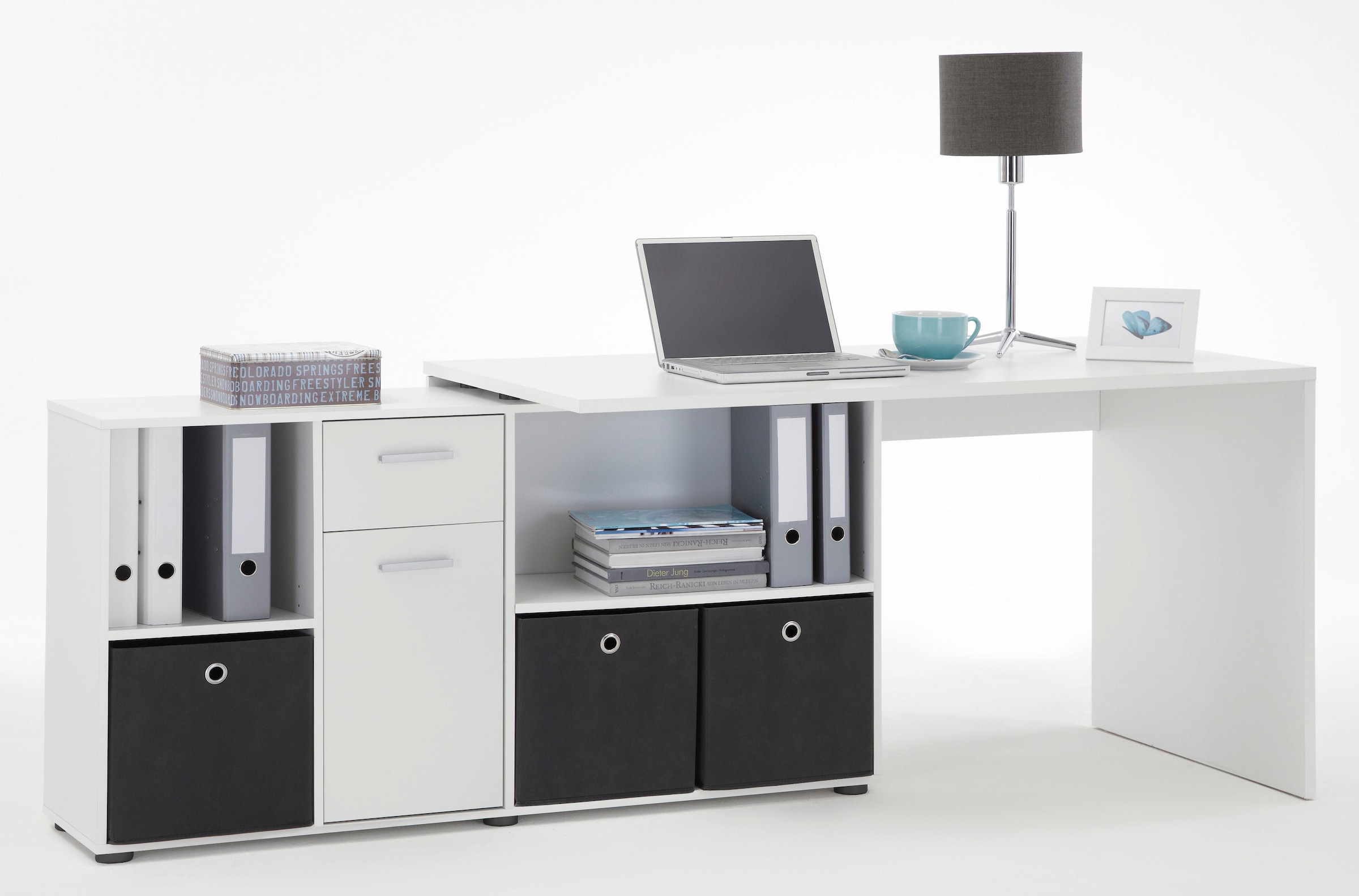 FMD Eckschreibtisch »Lexo« Schreibtisch/Sideboard viel Stauraum, beidseitig montierb., 136/205 cm
