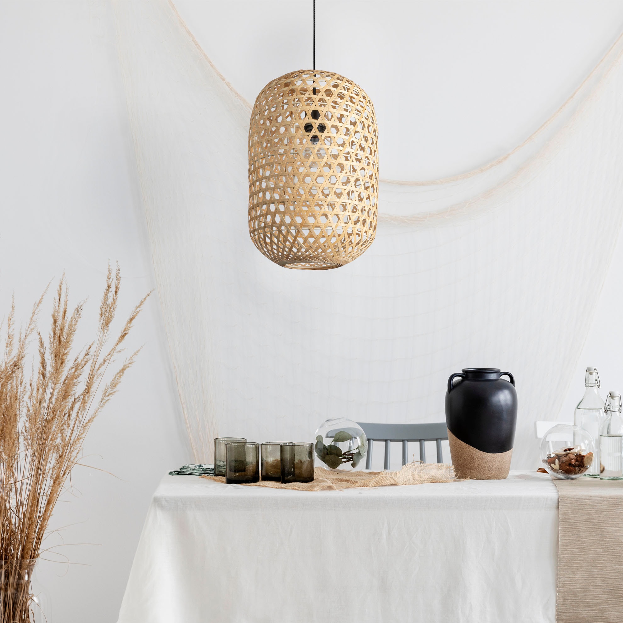 Paco Home Pendelleuchte »PUNU«, Leuchtmittel E27 | ohne Leuchtmittel, Bambus Pendelleuchte Boho Deckenlampe Korb Hängend Rustikal E27 Natur