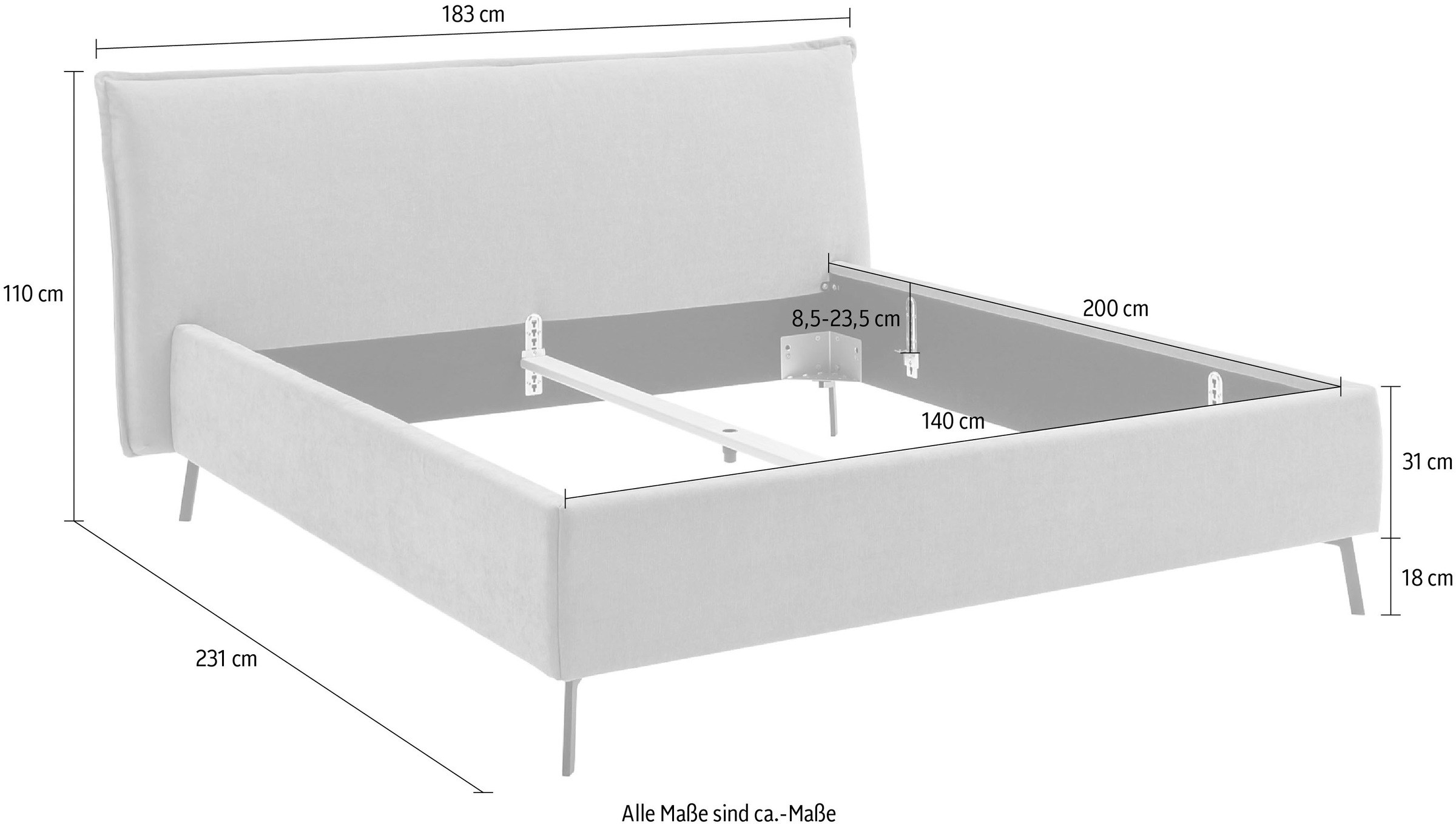 Home affaire Polsterbett »Aurela, liebevoll verarbeitete Biese & wahweise Überlänge« inkl. 7-fache Einlegetiefenverstellung & saugroboterfreundliche Höhe