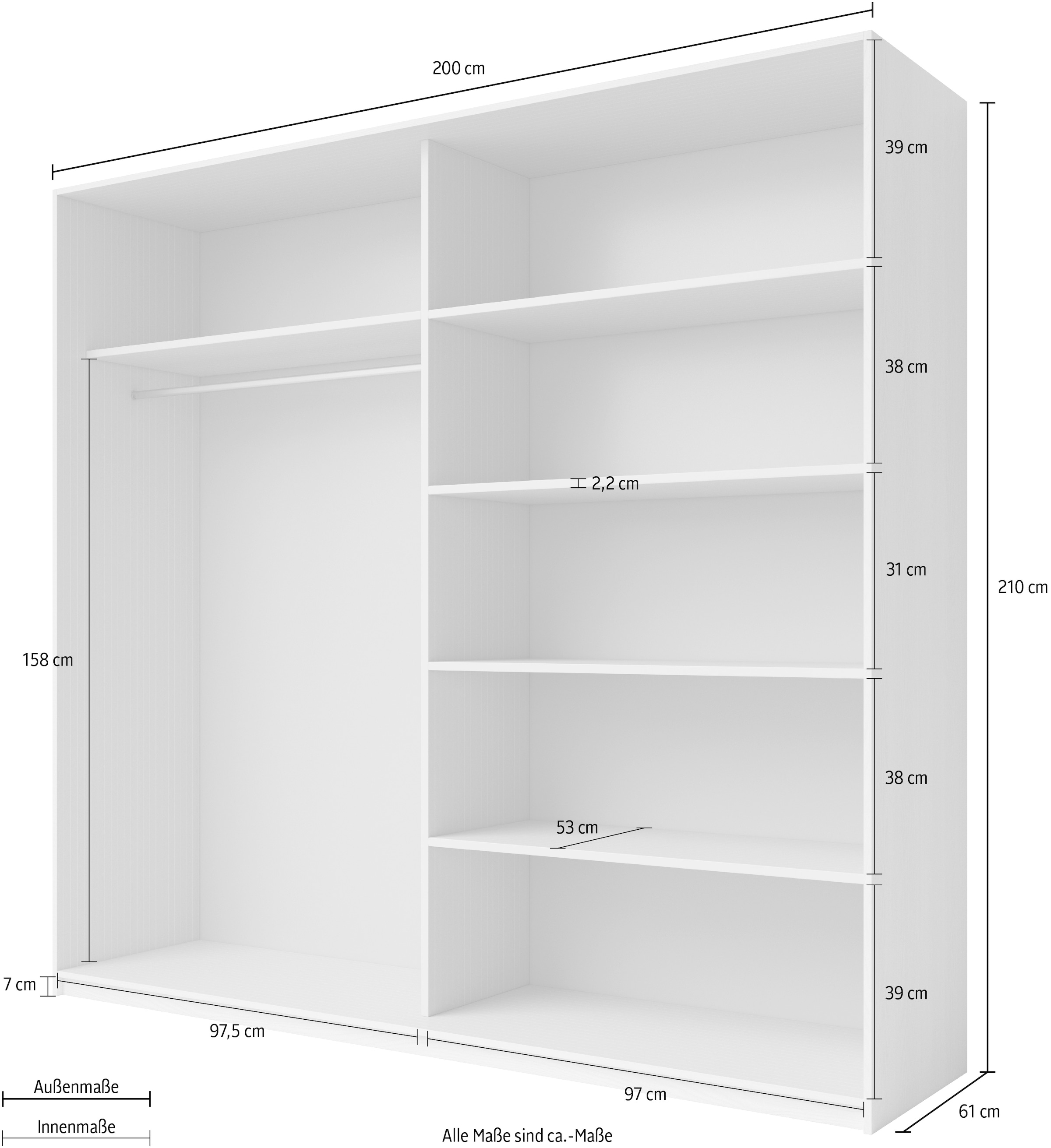 INOSIGN Schwebetürenschrank »Galaxy Kleiderschrank, Wäscheschrank 200, 220 oder 270cm breit«, INKLUSIVE kompletter Innenausstattung, Metallgriffe