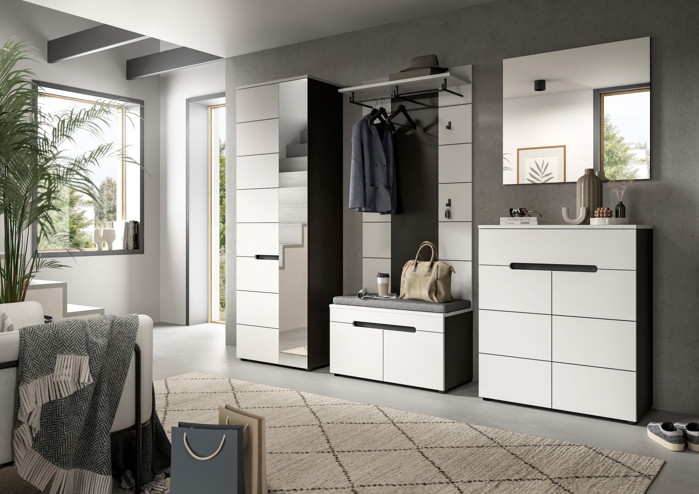 INOSIGN Garderoben-Set »REHAT, TOPSELLER!, 5-teilig, Breite 255 cm, individuell erweiterbar« Set, bestehend aus: Schrank, Sitzbank, Sitzkissen, Paneel, Spiegel, Kommode, 6 Stk. tlg.