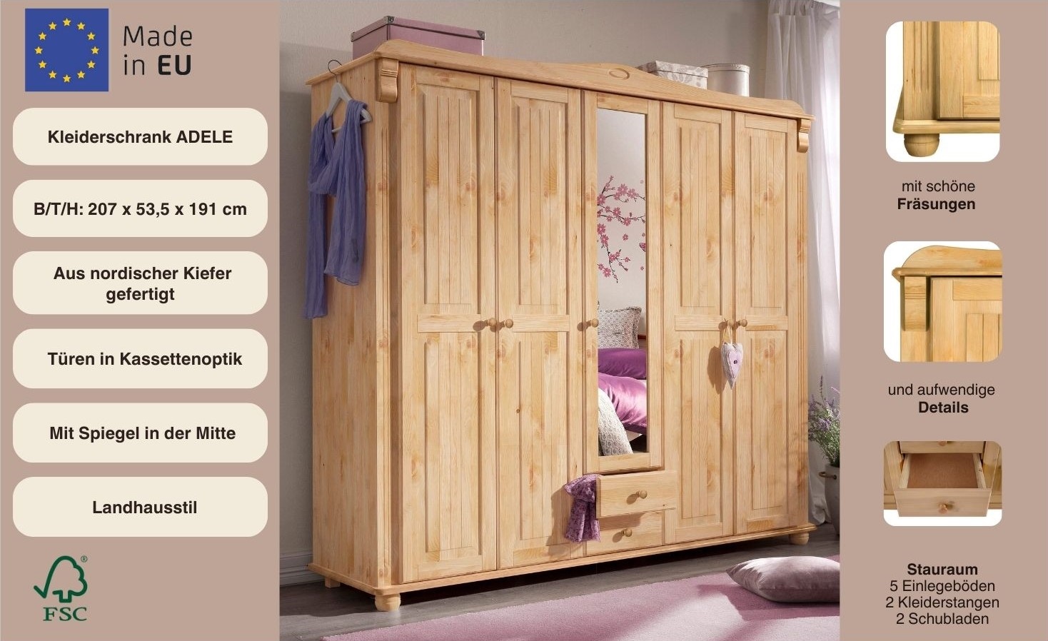 OTTO home Kleiderschrank »Adele« Massive Kiefer,Spiegel; Landhausstil