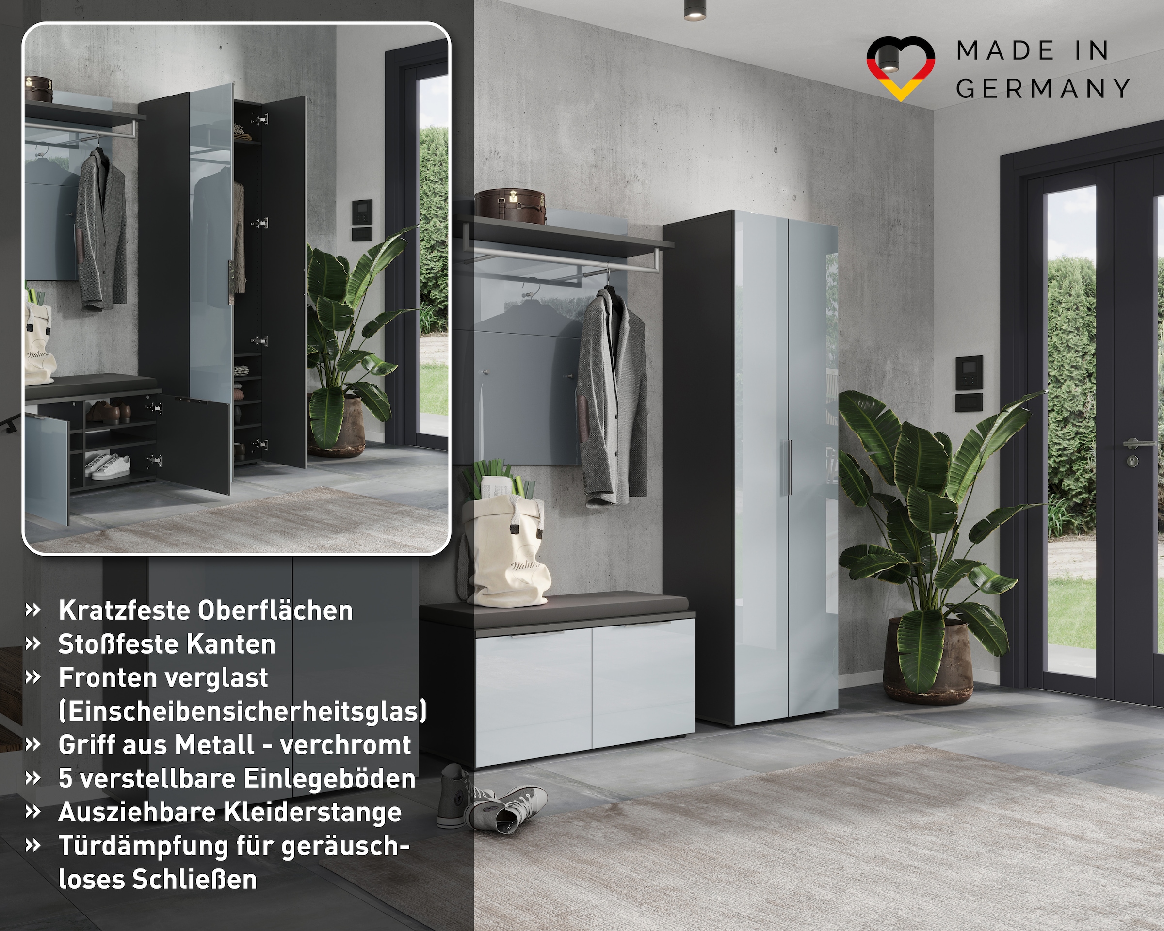 GERMANIA Garderobenschrank »Oakland mit Glasfront« Breite: 59cm, Türdämpfung,verstellb. Böden, Metallgriffe aus Chrom