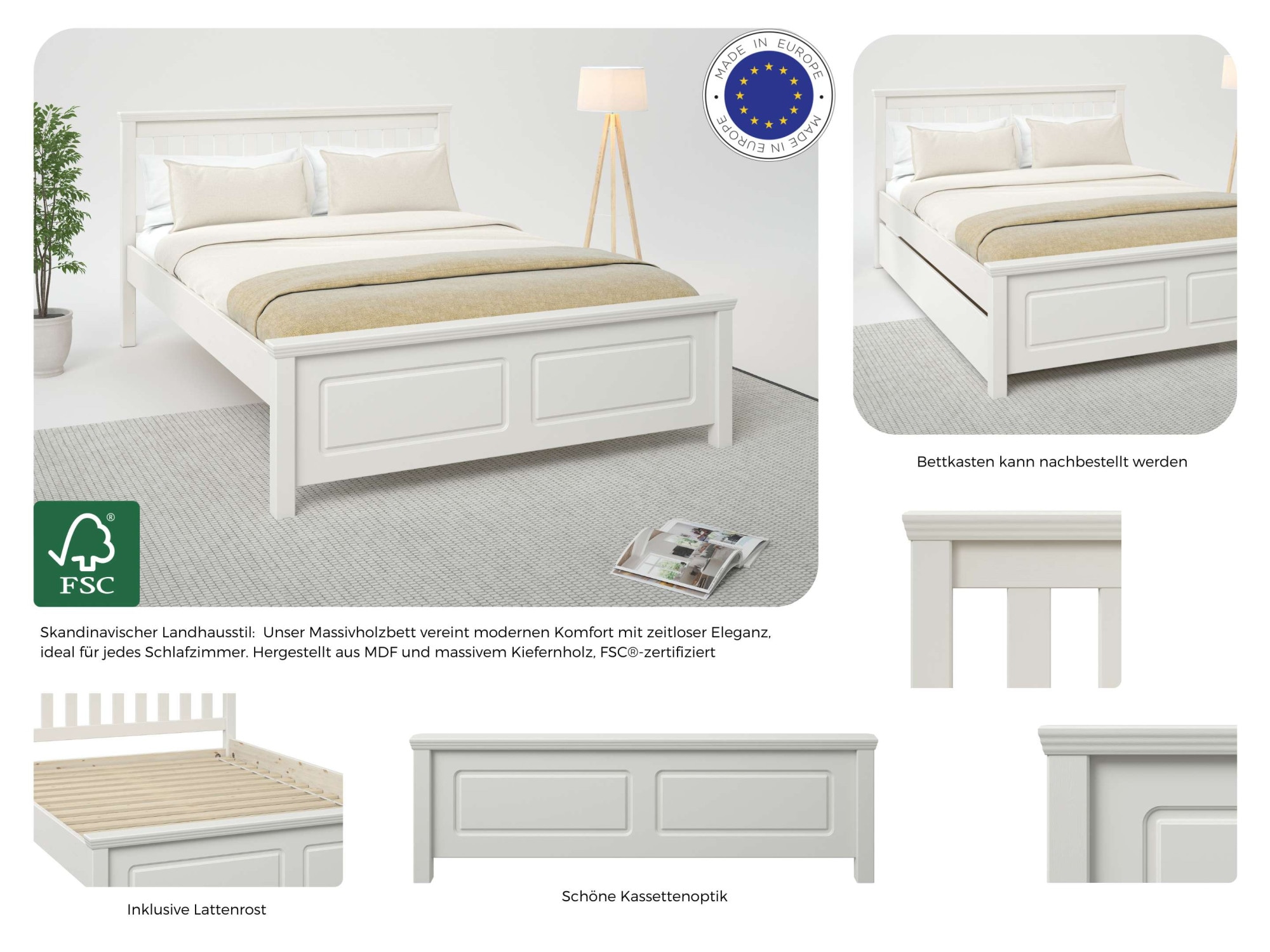OTTO home Bett »Fredegard, skandinavischer Stil, vielseitig kombinierbar, 2 Breiten« 180er oder 140er Breite,  teilmassiv, Sprossen am Kopfteil, mit Lattenrost, Kassettenoptik
