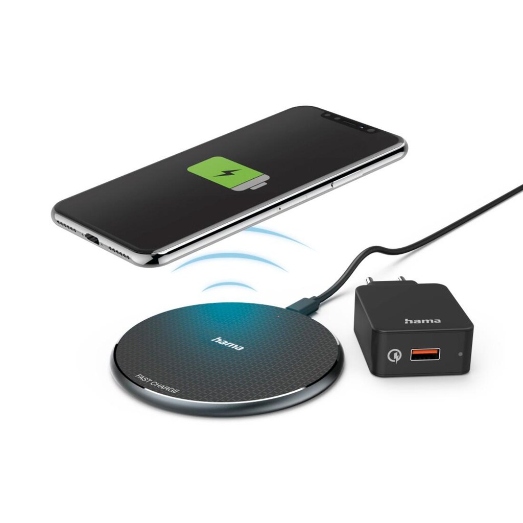 Hama Smartphone-Ladegerät »Wireless Charger Set für Smartphone mit Ladepad, kabellos, schwarz«, Schnellladegerät 10 W, Qi-Technologie, hochwertiges Design