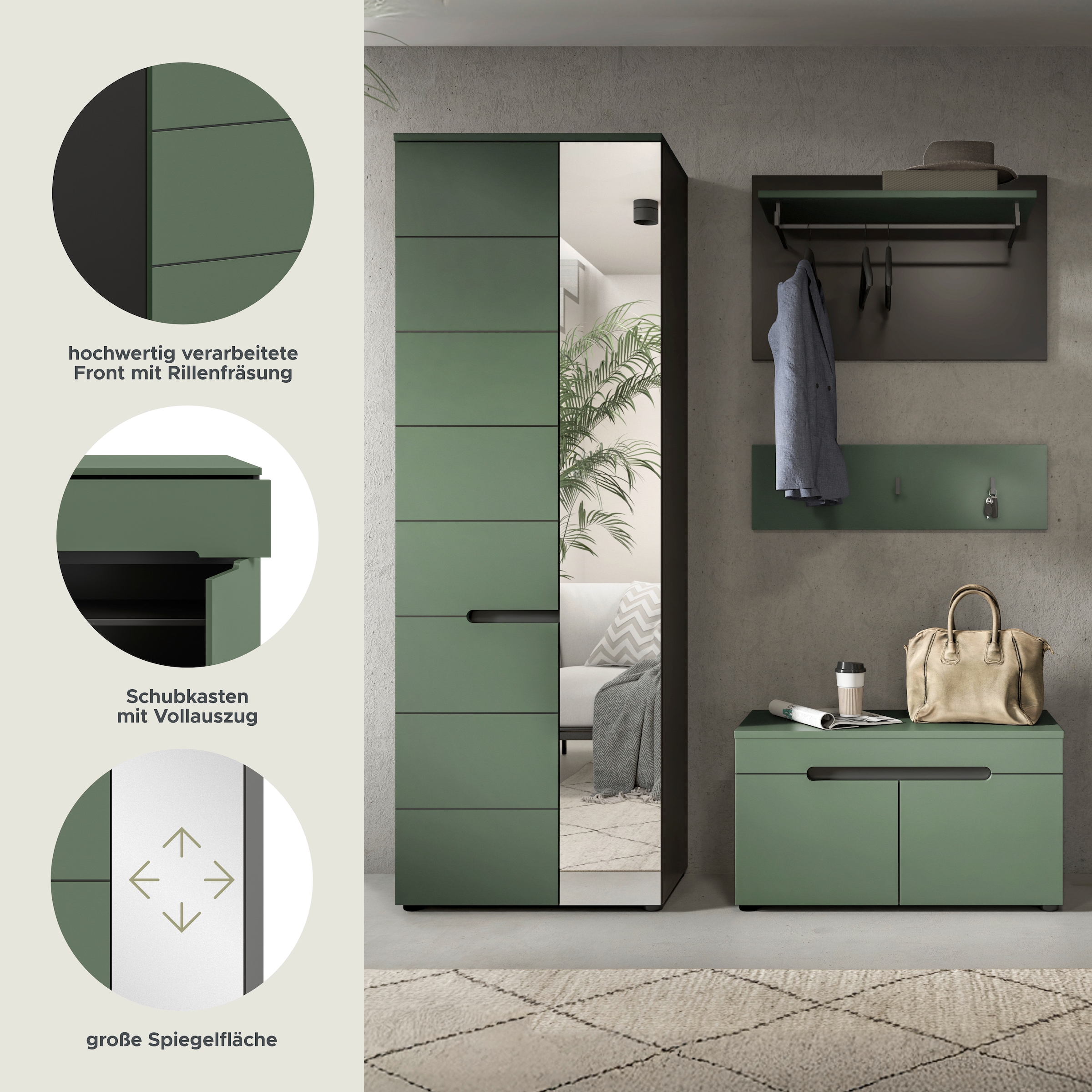Home affaire Garderoben-Set »REHAT, TOPSELLER!, 4-teilig, Breite 160cm, individuell stellbar« bestehend aus: Garderobenschrank, Sitzbank, Paneel, Hakenleiste, 3 Stk. tlg.