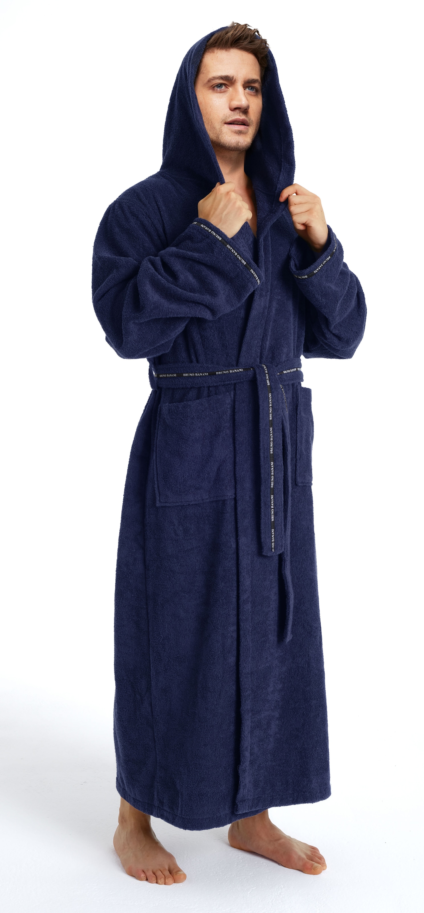 Bruno Banani Herrenbademantel »»Danny« Normallänge & Überlänge, auch in extra lang, Hotelbademantel«, (1 St.), mit Logostreifen, Herren Bademantel aus 100% Baumwolle, S-4XL