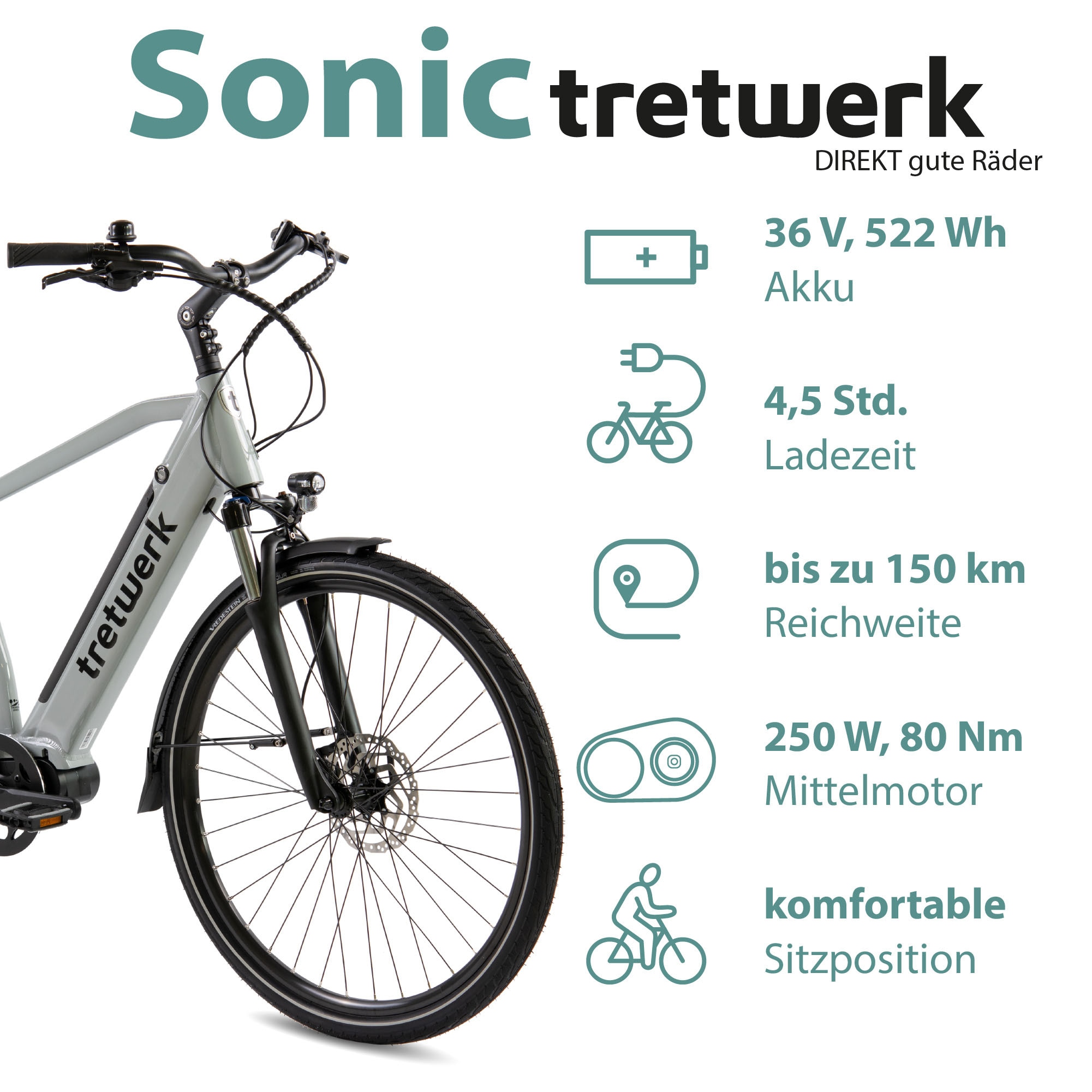 Tretwerk »Sonic« 8 Gang Shimano Acera M3020 SGS Schaltwerk Kettenschaltung Mittelmotor 250 W Pedelec, Elektrofahrrad für Damen u. Herren