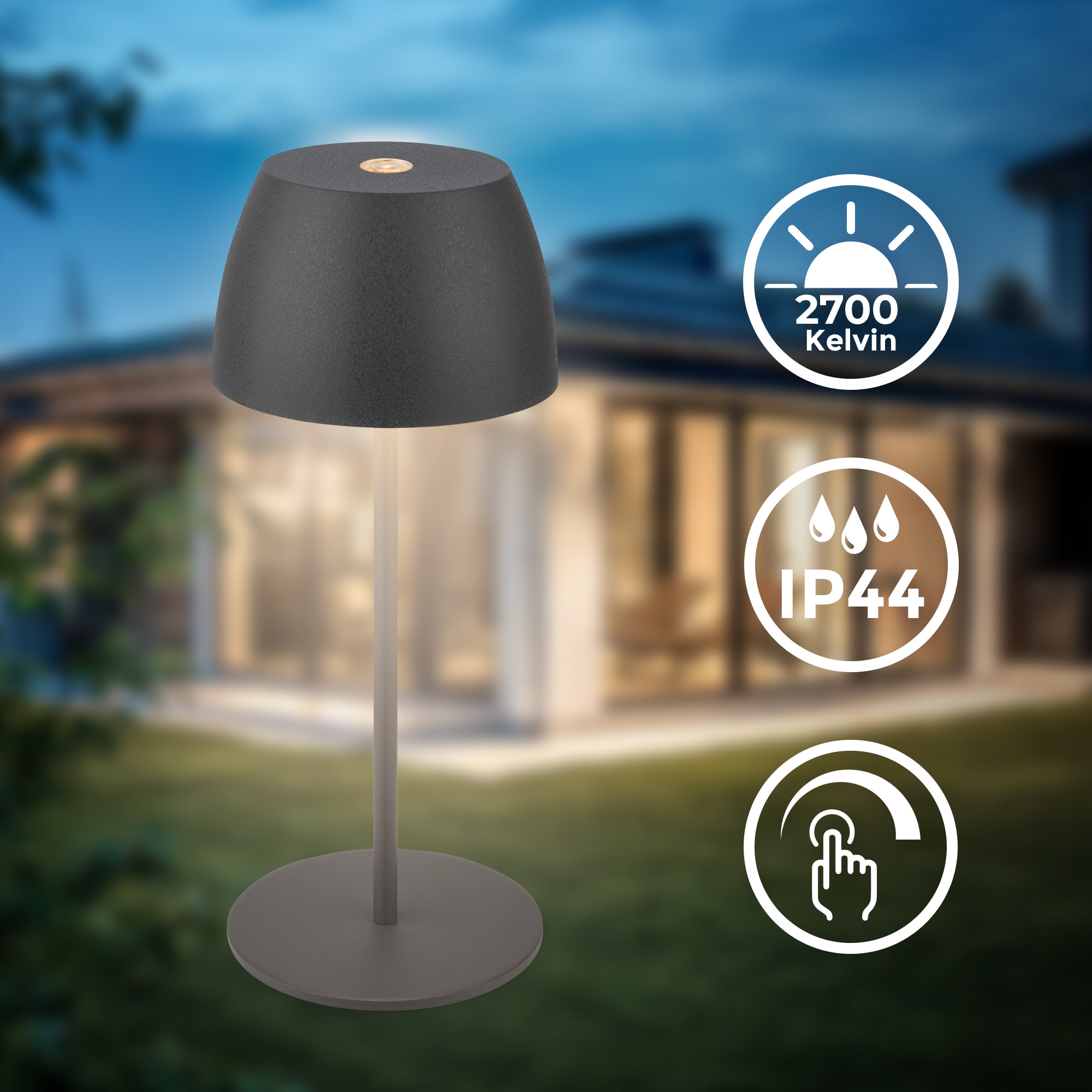 B.K.Licht Außen-Tischleuchte »BK_TL1606 Mini Akku LED Tischlampe, Touchdimmer, mit USB-C« LED-Modul 1 Stk. Extra-Warmweiß 2.700 K, 150Lm, 2,5W, Akku wechselbar, max. 24h Leuchtdauer, Anthrazit