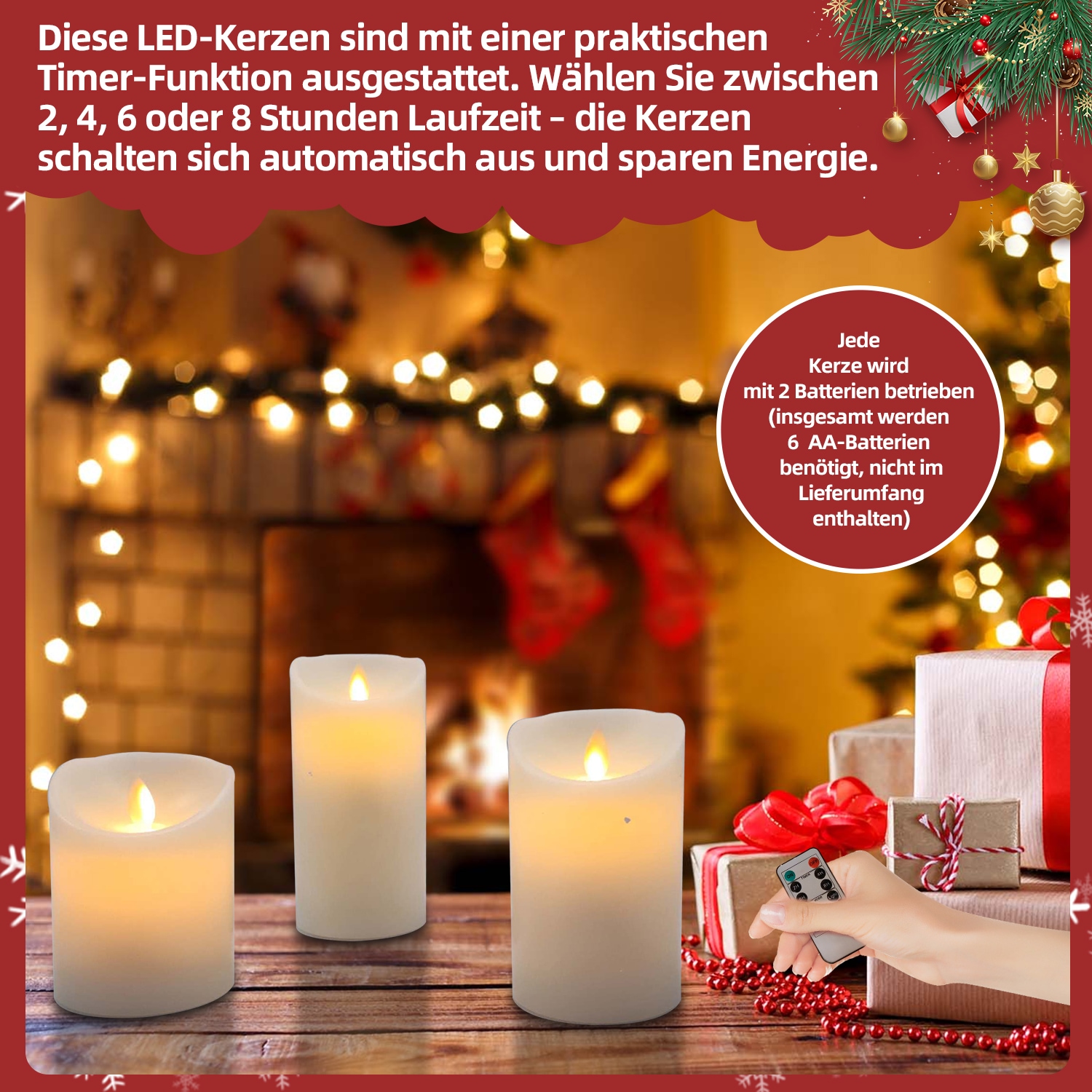 SHX LED-Kerze »LED-Kerzen mit Fernbedienung/Timer 3er Set«