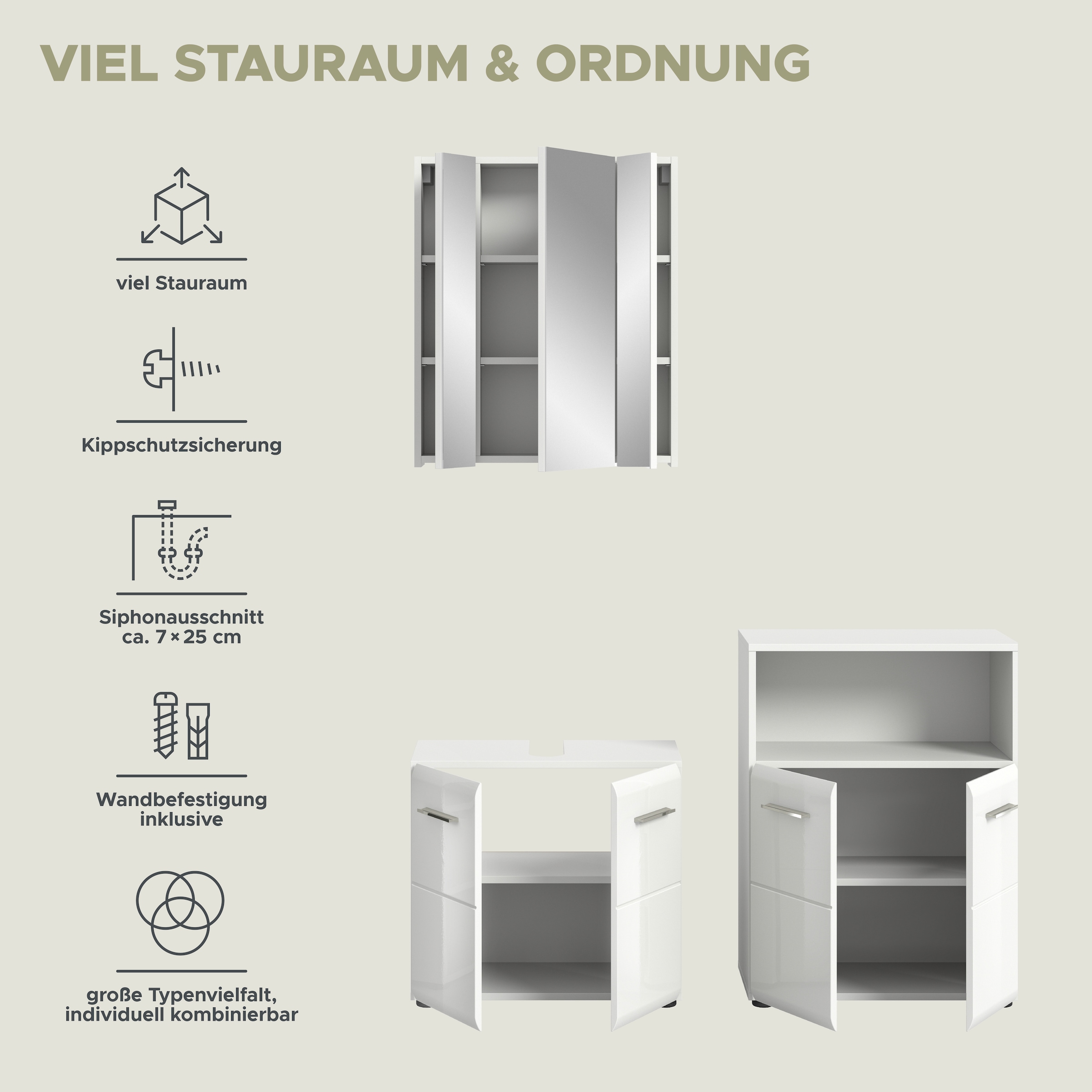 INOSIGN Badmöbel-Set »FLORENZ, TOPSELLER!, 3-teilige Badkombination, hochwertige MDF-Front«, (best. aus: Waschbeckenunterschrank, Spiegelschrank, Midischrank breit), Bad-Kombination, Bad-Möbel, Badezimmer, Kombination, Kombi