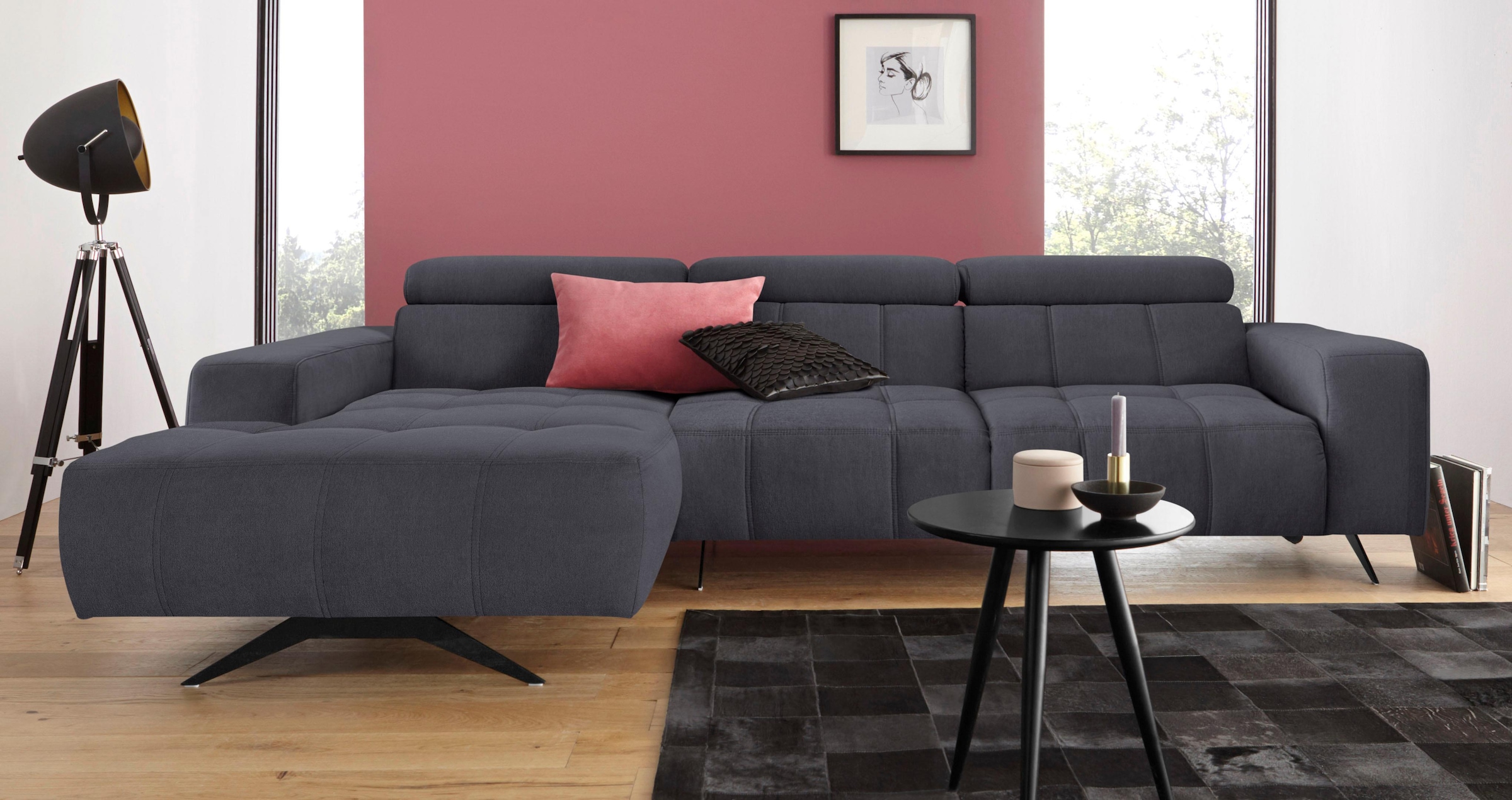 DOMO collection Ecksofa »Trento L-Form, mit Kufenfuß oder Einzelfuß«, wahlweise mit Kopfteilverstellung, Recamiere links/rechts bestellbar