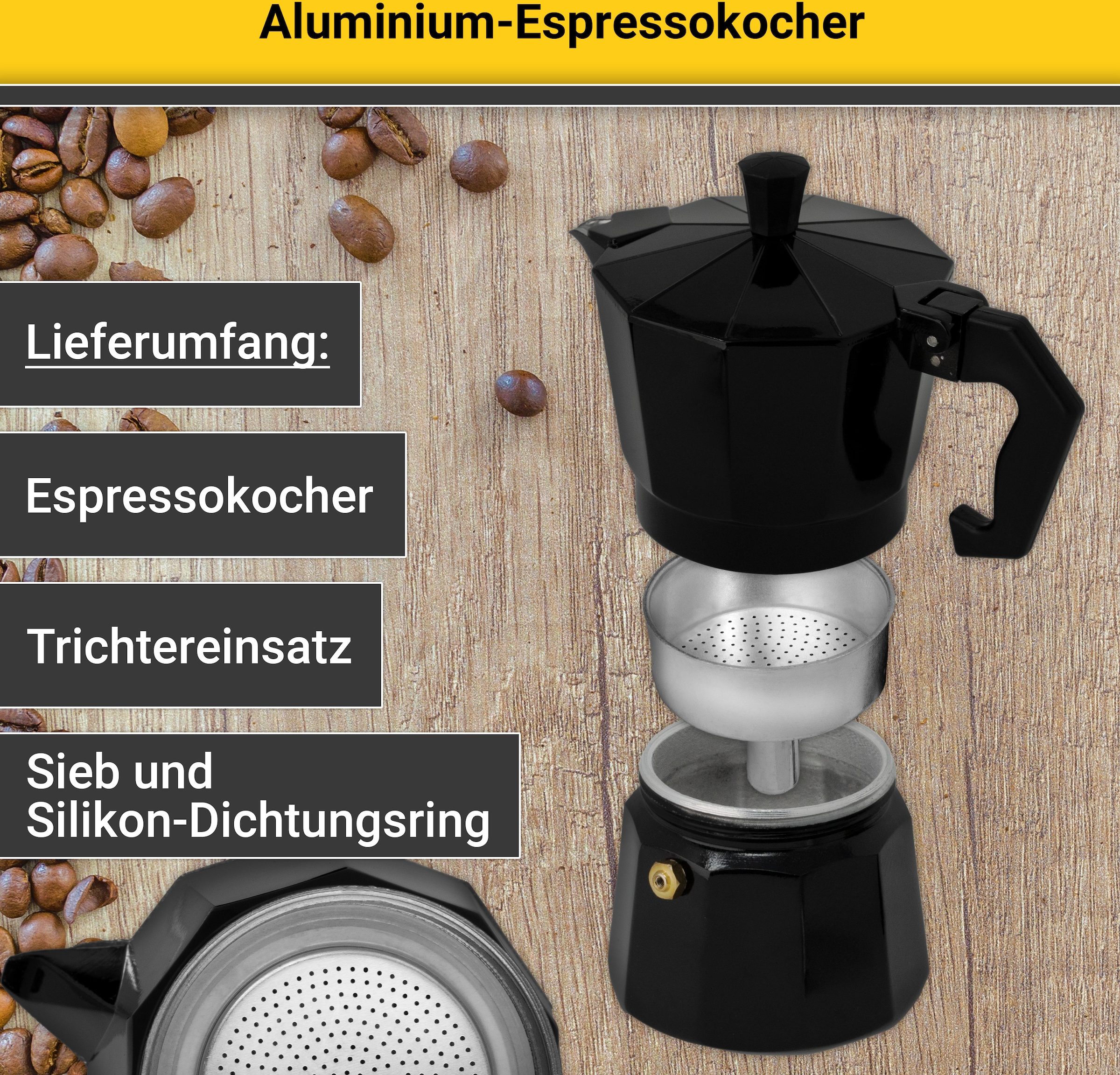 Krüger Espressokocher »Italiano Aluminium mit XXL Garantie Jahren NERO«, 3